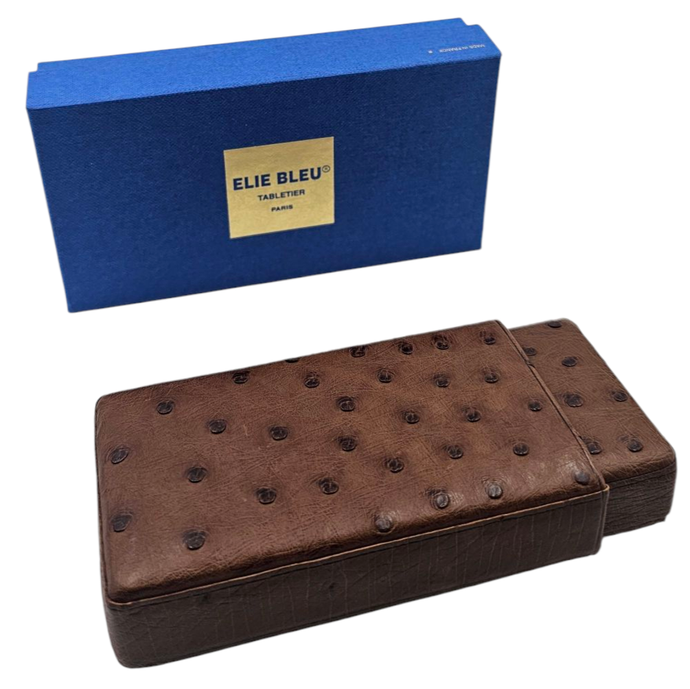 ELIE BLEU PARIS ETUI A CIGARES EN CUIR D AUTRUCHE 13.5X6.5X2.5CM + BOITE / NEUF