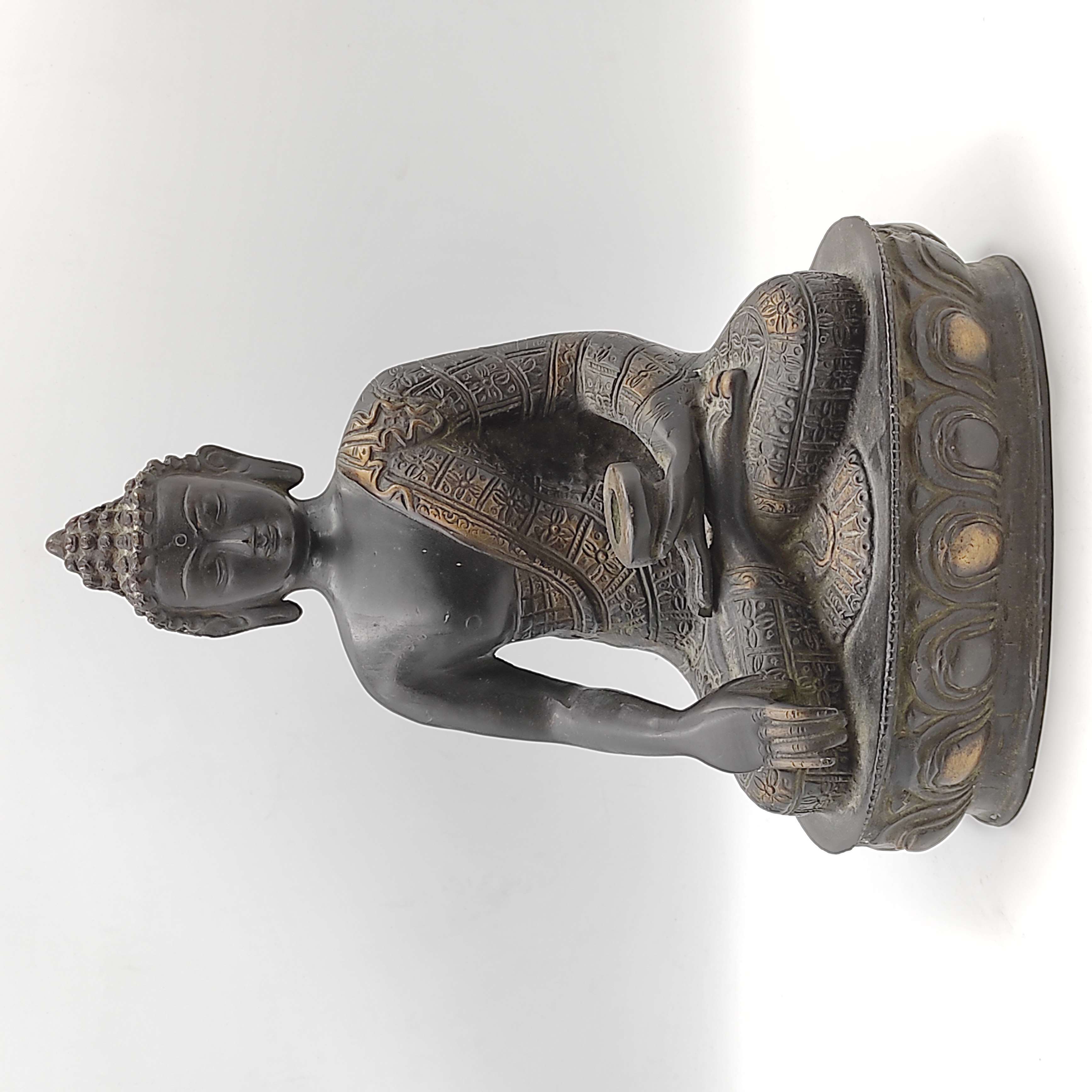 BOUDDHA AU BOL EN BRONZE PATINE H28.5 CM