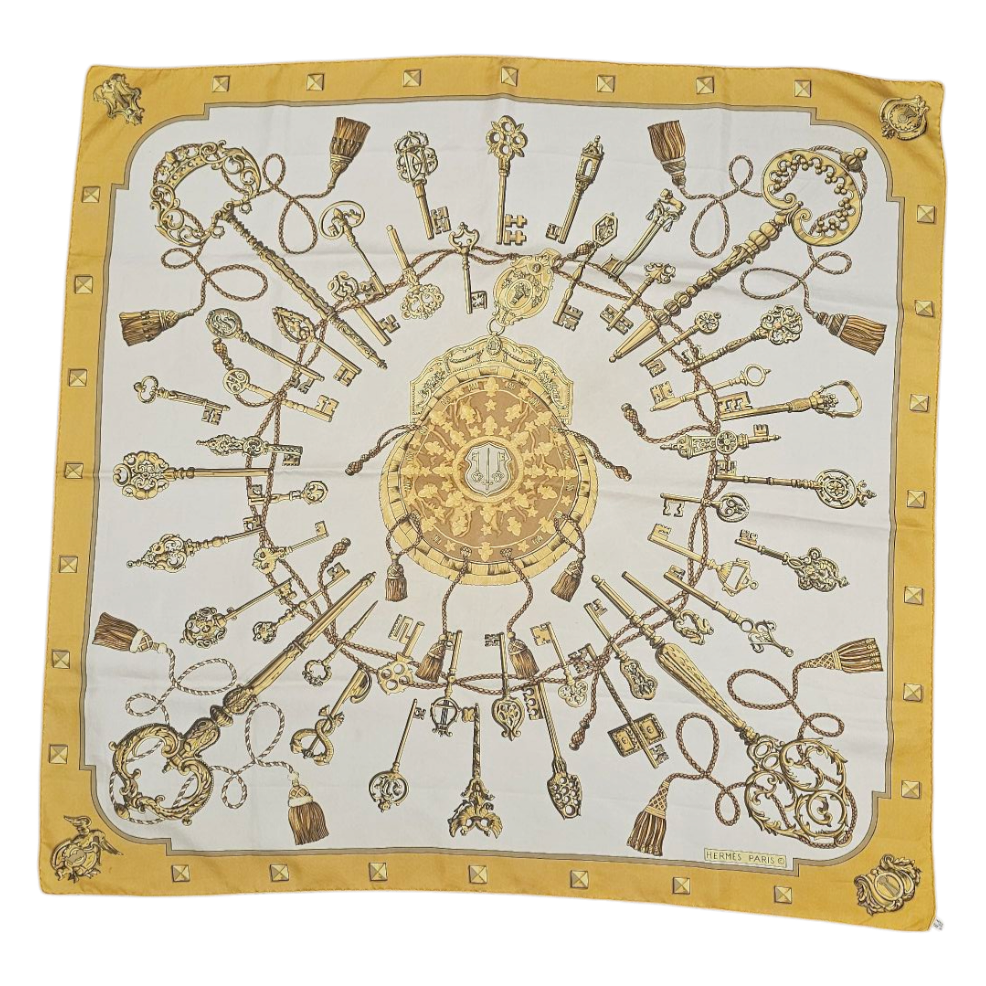 HERMES CARRE LES CLES DE CATY LATHAM CONTOUR DORE (TACHES)