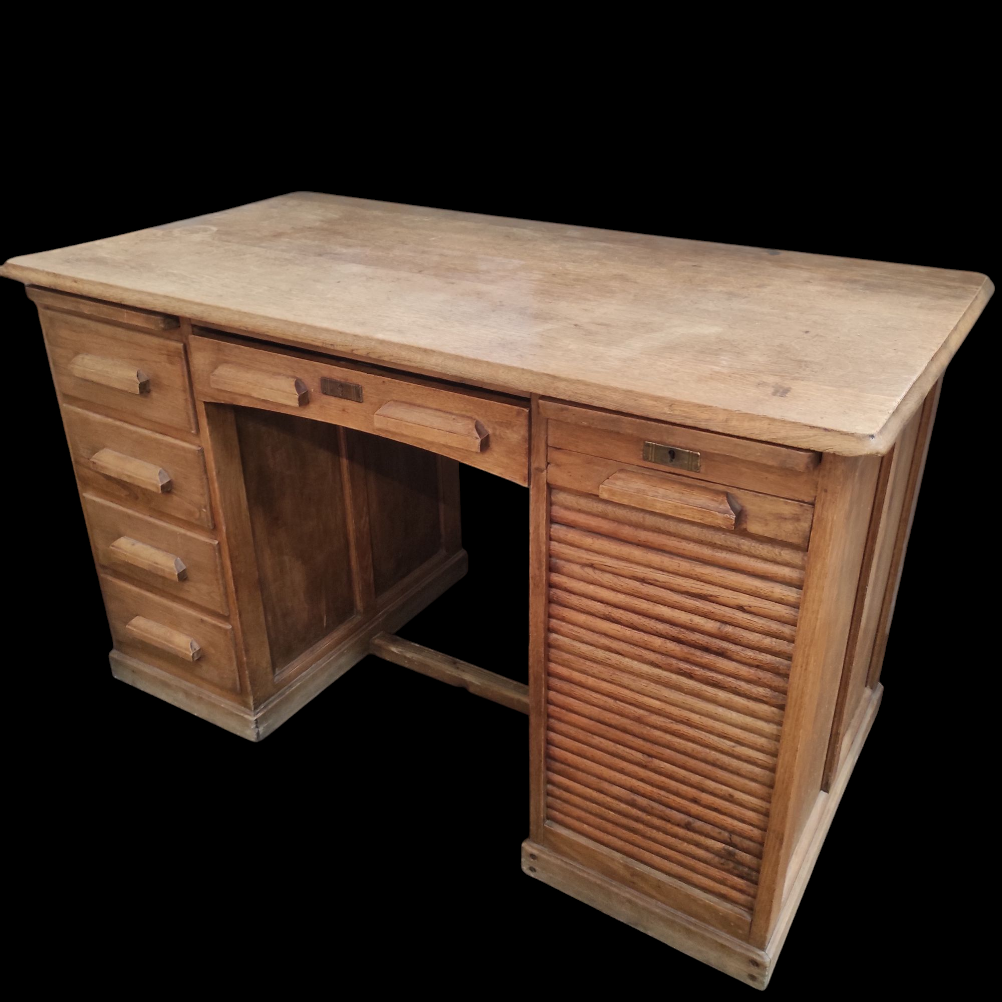 BUREAU A CAISSONS 5 TIROIRS ET RIDEAU 130/77/77 CM EN L ETAT