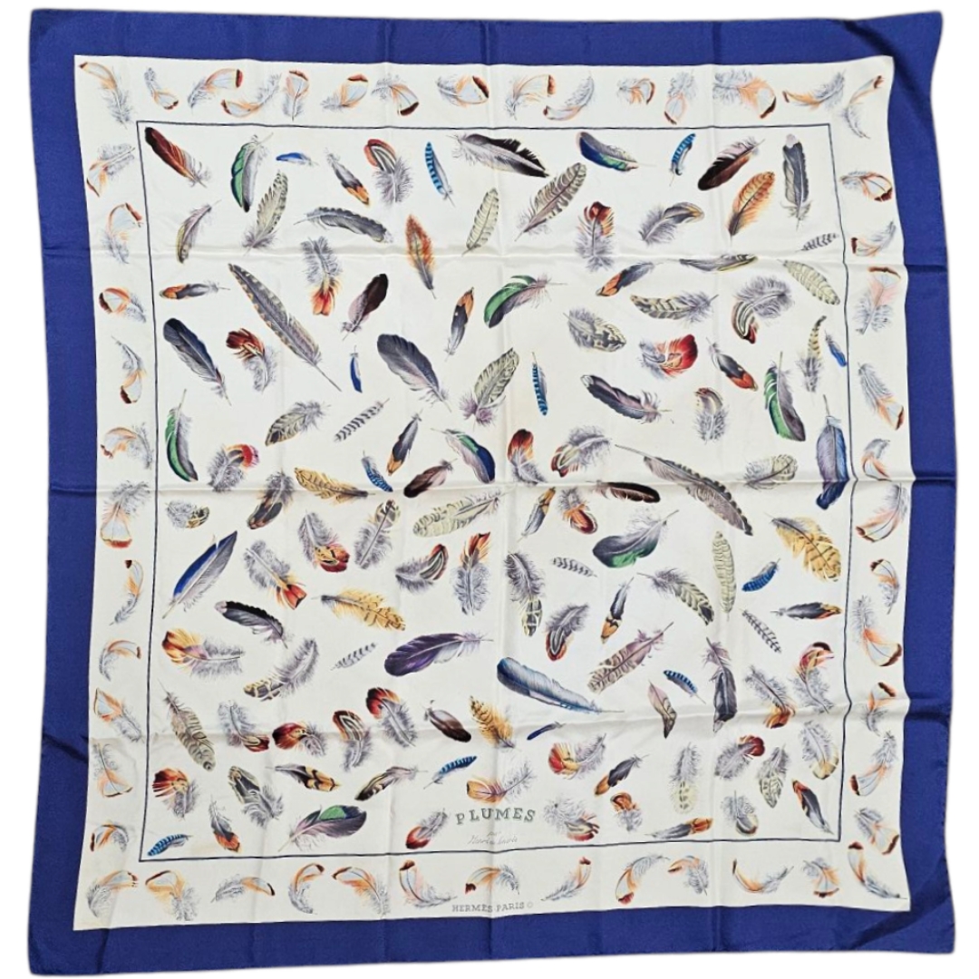 HERMES CARRE LES PLUMES DE HENRI LINARES CONTOUR BLEU (TACHES)