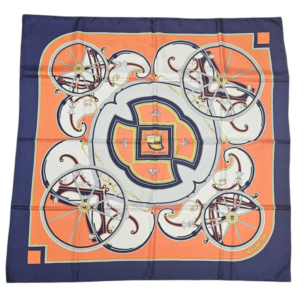 HERMES CARRE WASHINGTON S CARRIAGE DE CATY LATHAM FOND ORANGE (1 FIL TIRE)
