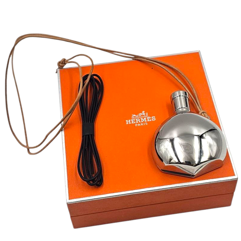 HERMES FLACON DE PARFUM DES MERVEILLES PALLADIUM ARGENTE + CORDON + ECRIN