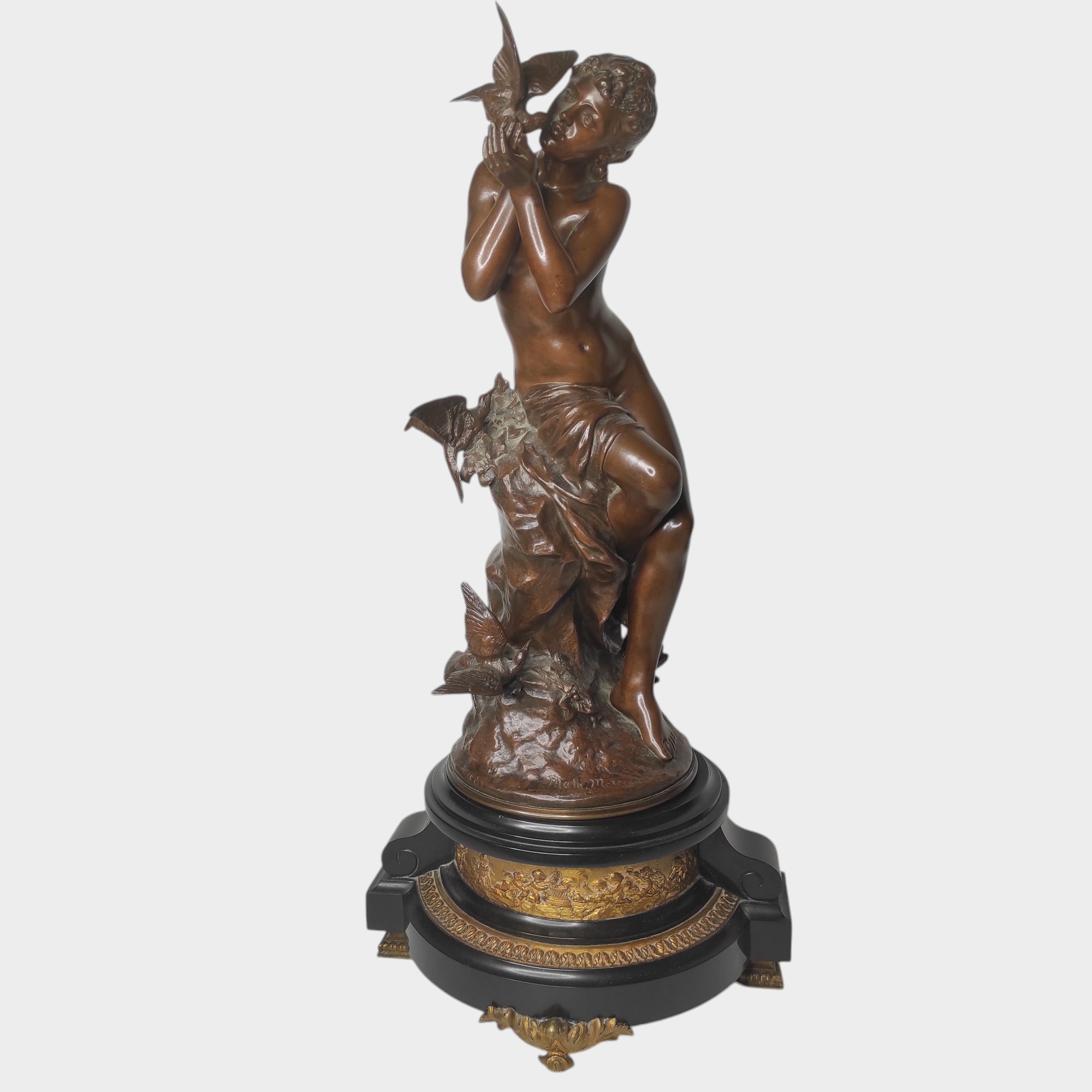 MATHURIN MOREAU BRONZE FONDEUR SUSSE FEMME AUX OISEAUX 66 CM SUR SOCLE