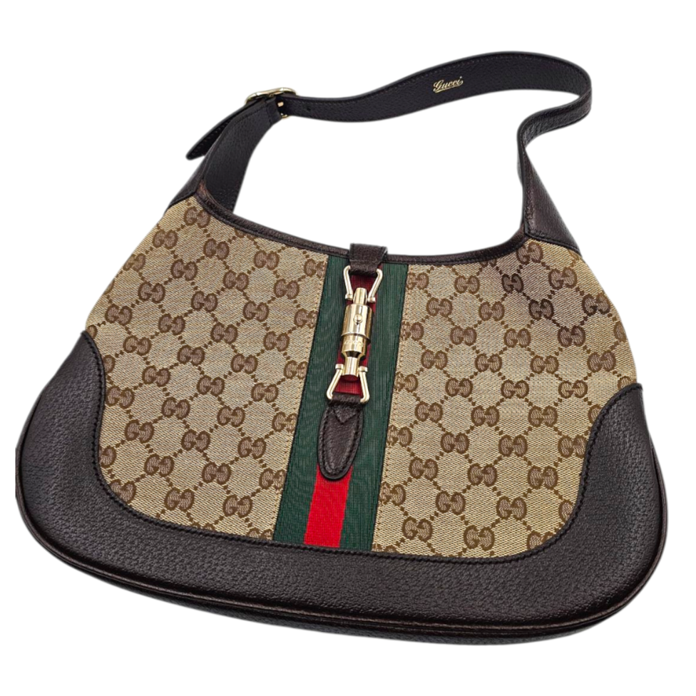 GUCCI SAC JACKIE TOILE MONOGRAM CUIR CHOCOLAT (153696/213317) CIRCA 2000 + DB