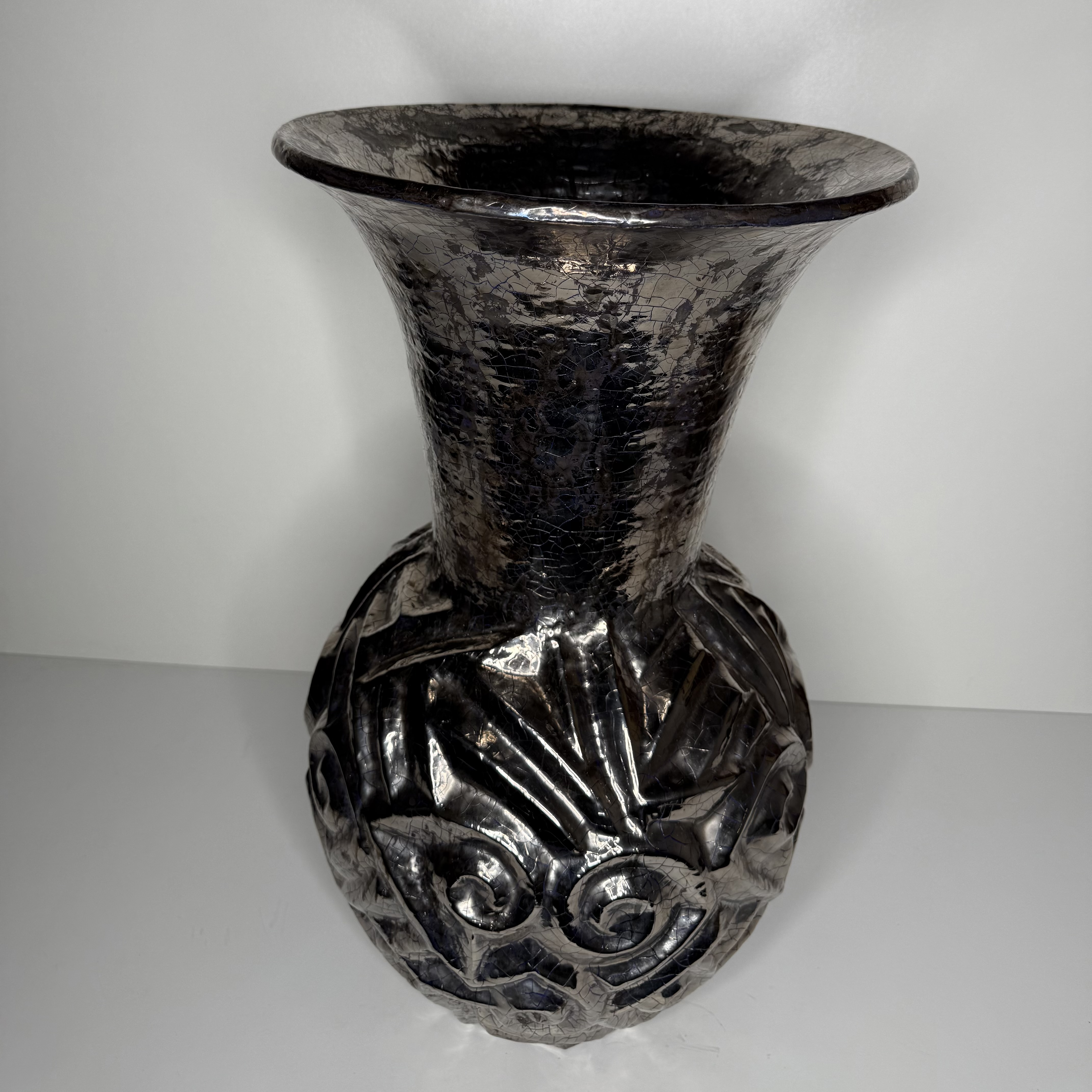 CAZAUX BIARRITZ SPLENDIDE VASE EN CERAMIQUE SCULPTEE EMAIL PLATINE H 60 CM