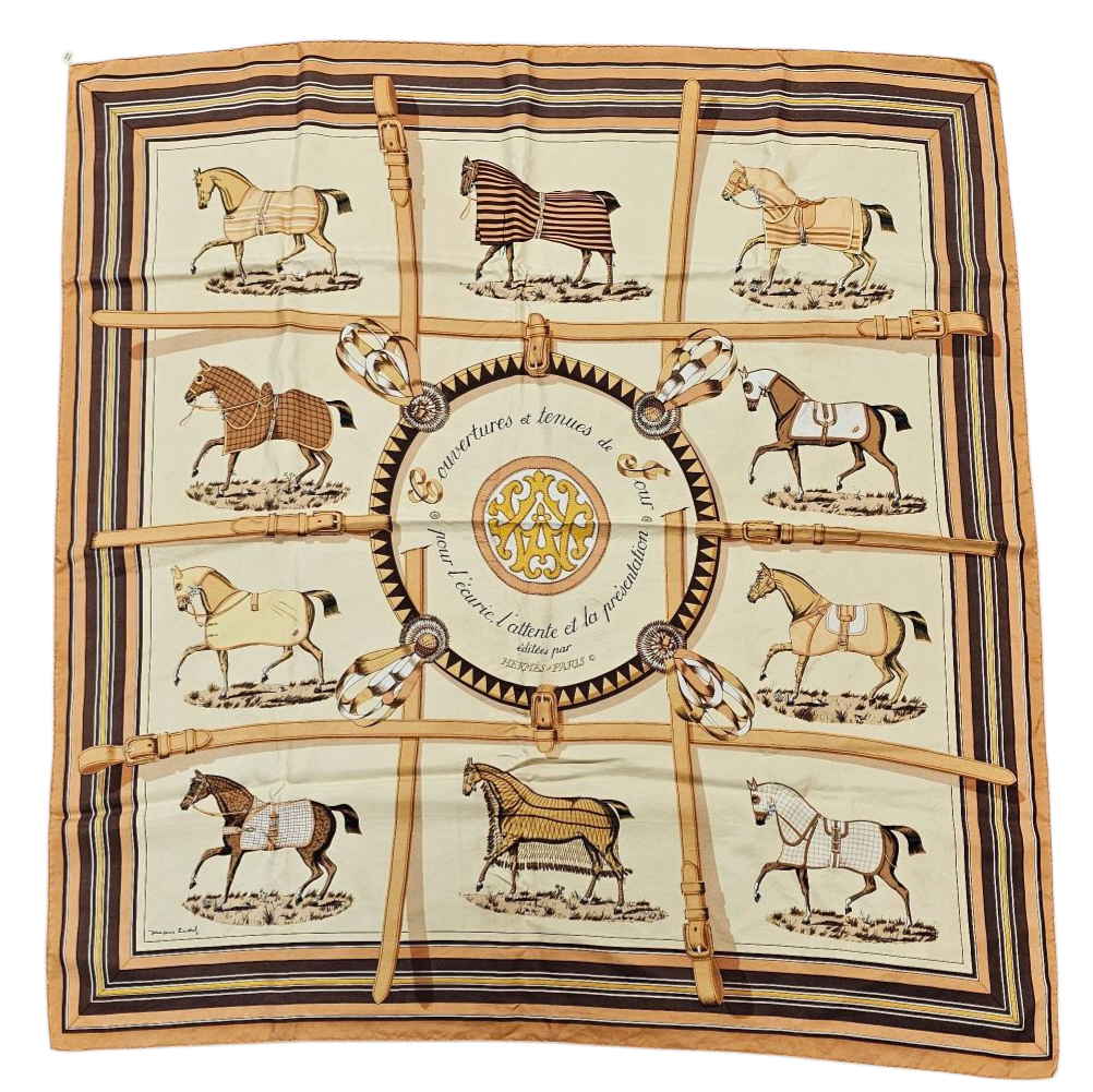 HERMES CARRE COUVERTURES ET TENUES DE JOUR DE J. EUDEL CONTOUR MARRON(TACHES)