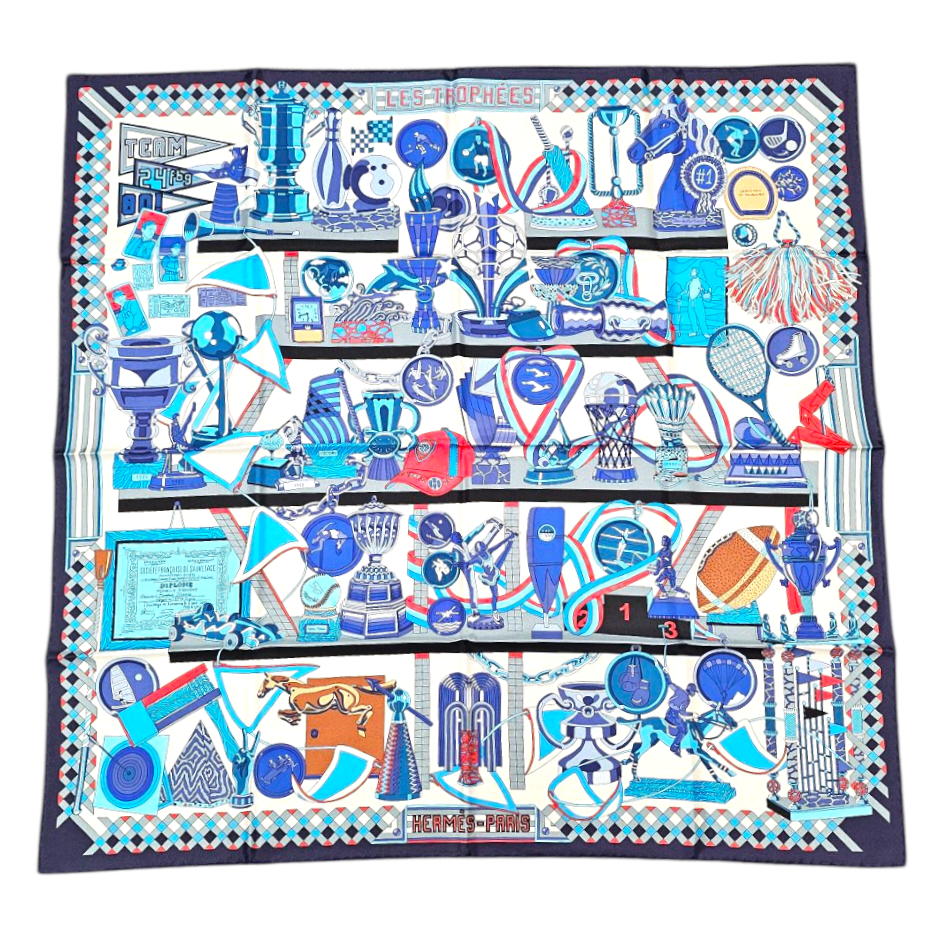 HERMES CARRE LES TROPHEES DE PIERRE-MARIE 1ERE ED. 2013 CONTOUR BLEU + BOITE