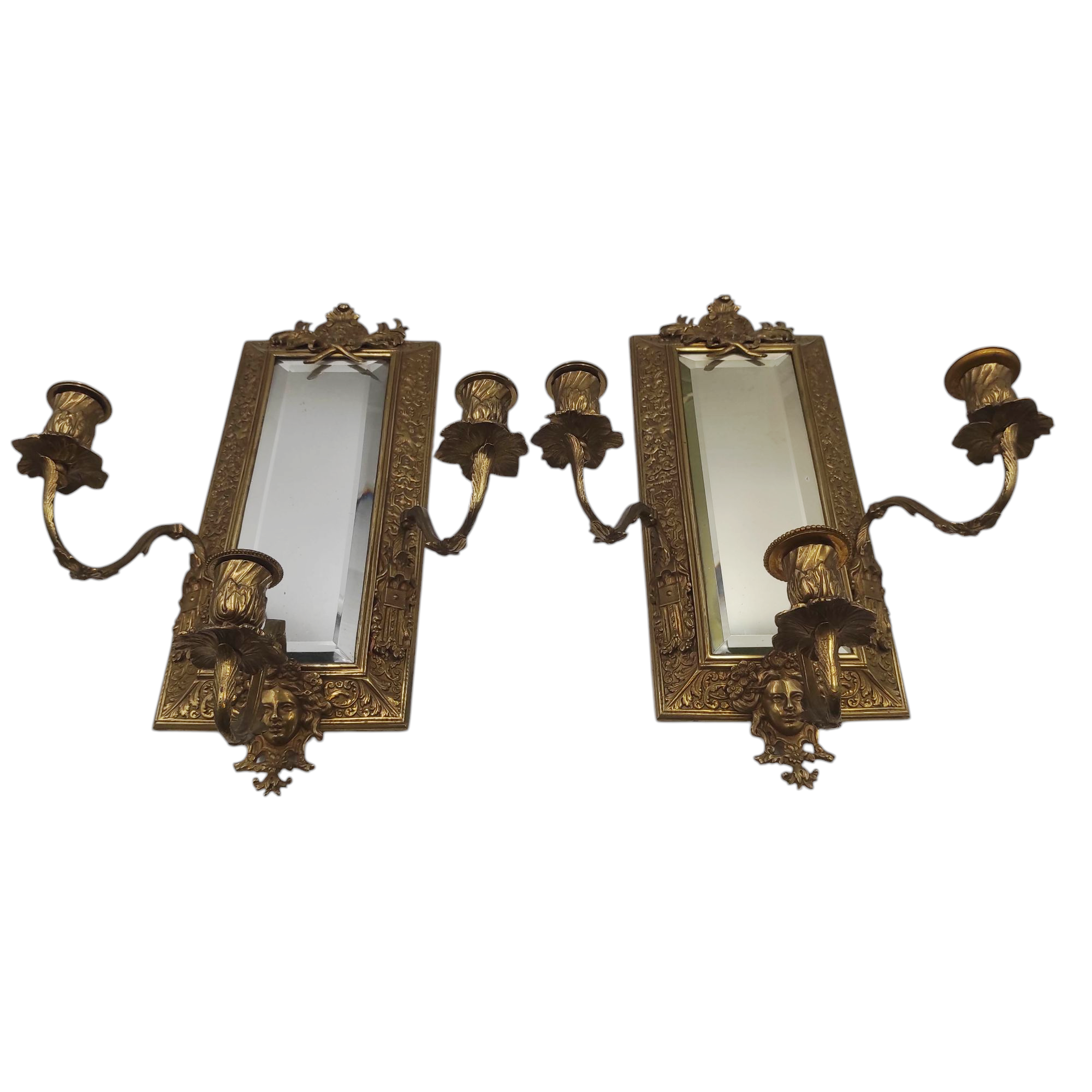 PAIRE APPLIQUES 2 FEUX AVEC MIROIR EN BRONZE 30/41 CM