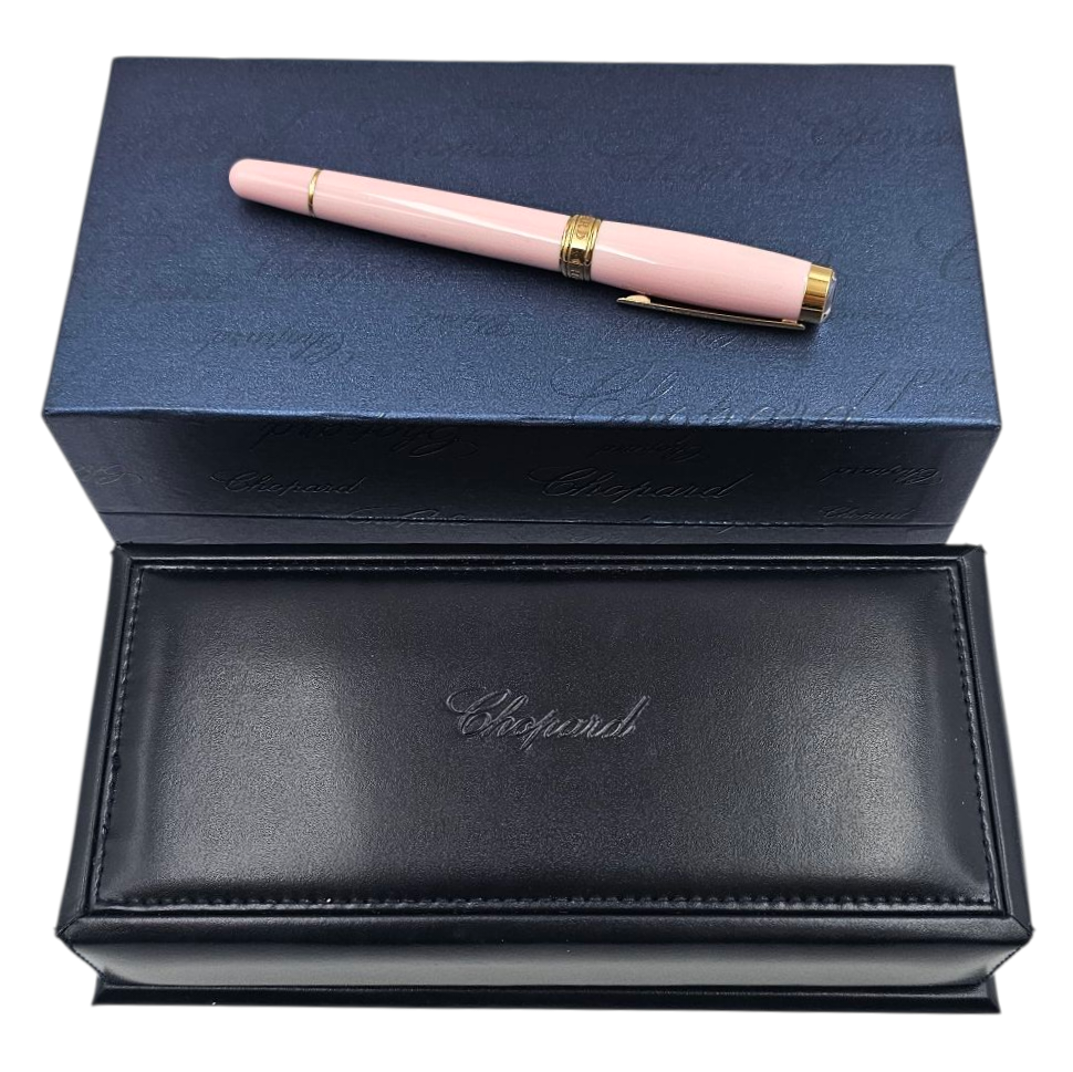 CHOPARD HAPPY DIAMONDS STYLO BILLE RESINE ROSE PLAQUE OR AVEC POISSON + BOITE 