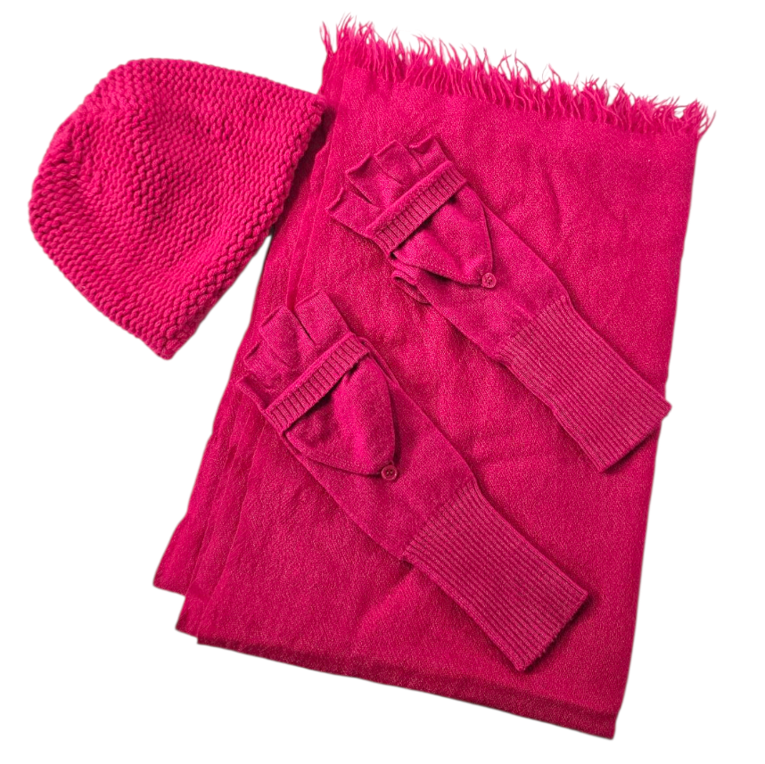 ERIC BOMPARD ENSEMBLE MITAINES + BONNET + ETOLE 100% CACHEMIRE ROSE