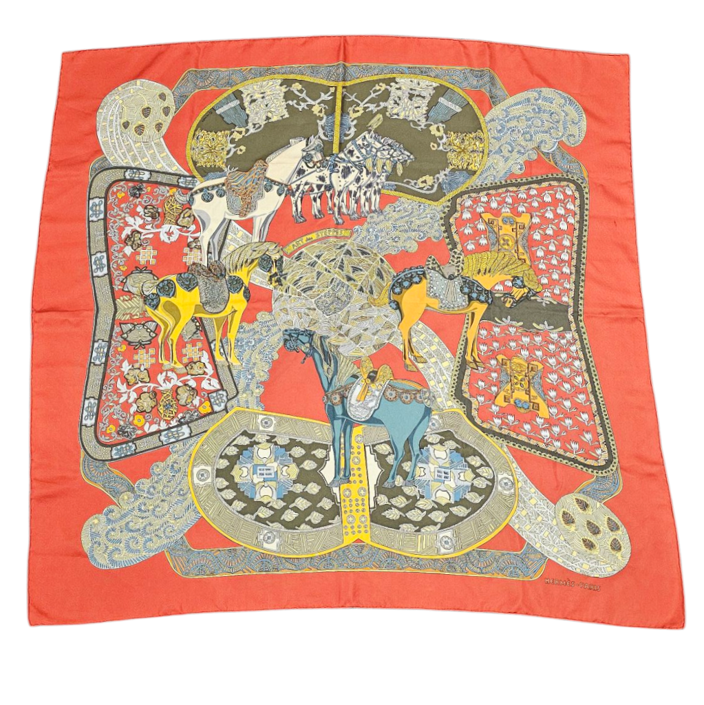 HERMES CARRE ART DES STEPPES DE FAIVRE ANNIE FOND ROUGE (TACHES)