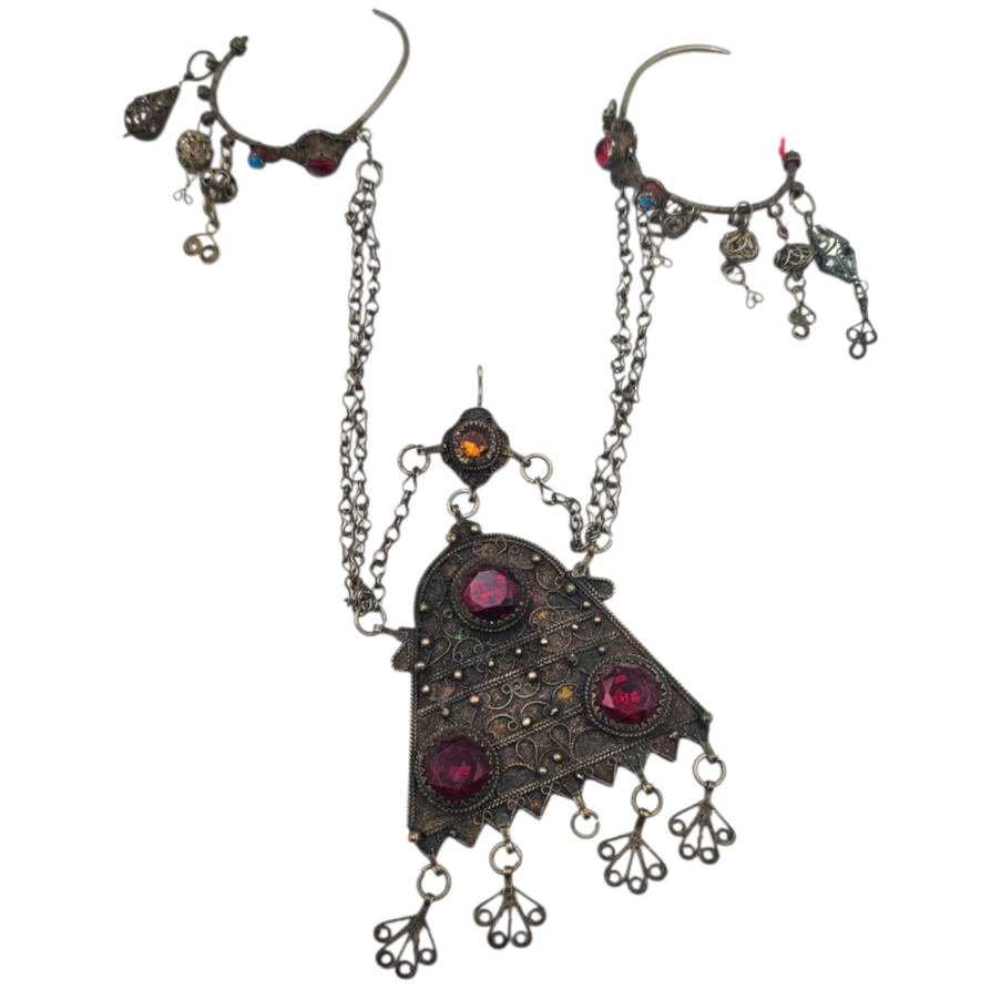 PARURE FRONTALE TRADITIONNELLE YEMENITE METAL PENDENTIF & CROCHETS AURICULAIRES