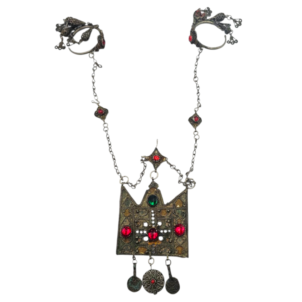PARURE FRONTALE TRIBALE YEMENITE METAL ORNE PENDENTIF + CROCHETS AVEC CABOCHONS