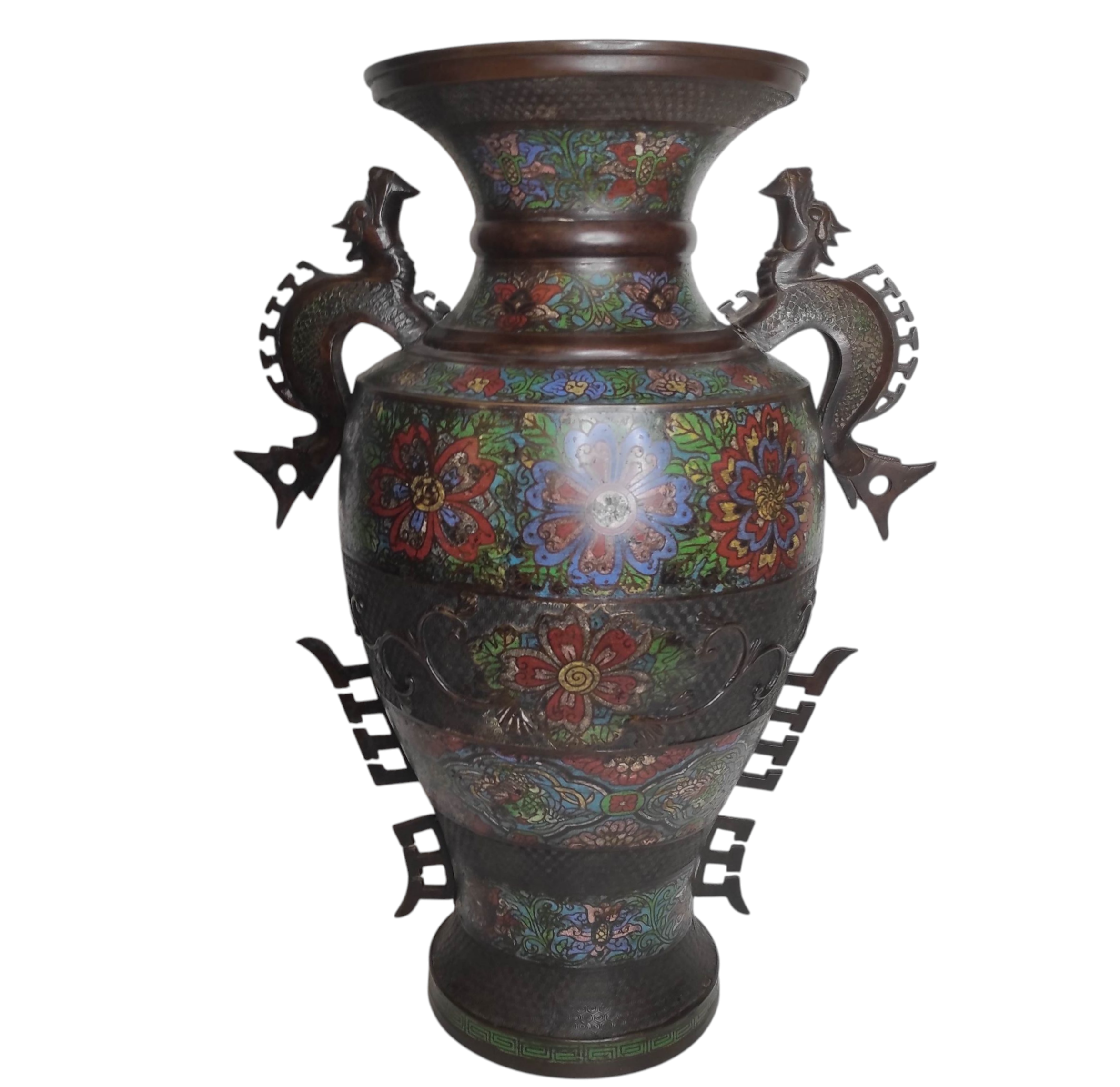 GRAND VASE CHINOIS EN BRONZE ET EMAIL CLOISONNE EN L ETAT H 60 CM
