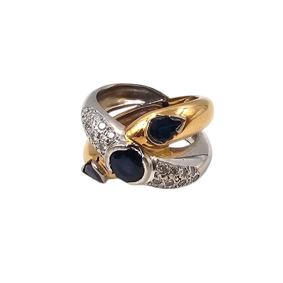 BAGUE 3 SAPHIRS 1.60C ENV. DIAMANTS 0.48C SUR OR BICOLORE (AIGLE) PB 17.58GR 