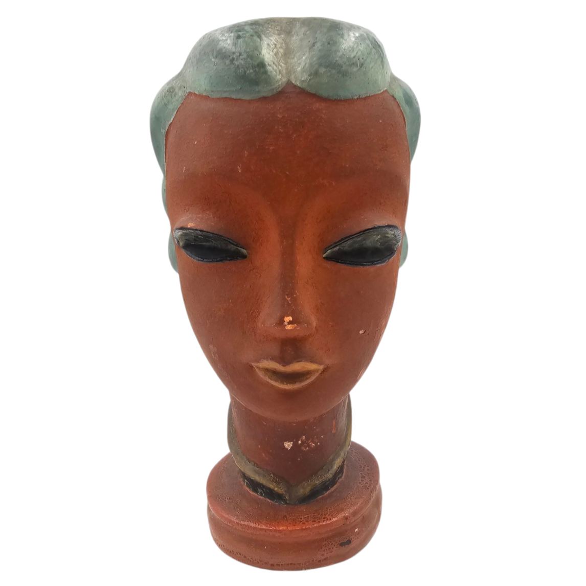TETE DE FEMME EN PLATRE PEINT DLG GOLDSCHEIDER H 26 CM
