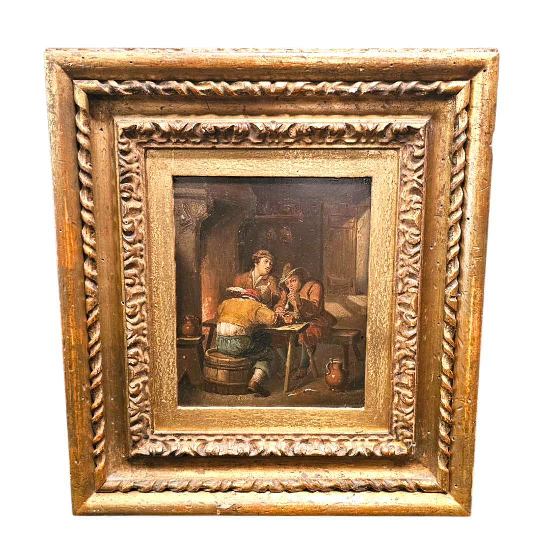 PEINTURE SUR CUIVRE ANCIENNE SCENE DE TAVERNE 20 x 16 CM HC 