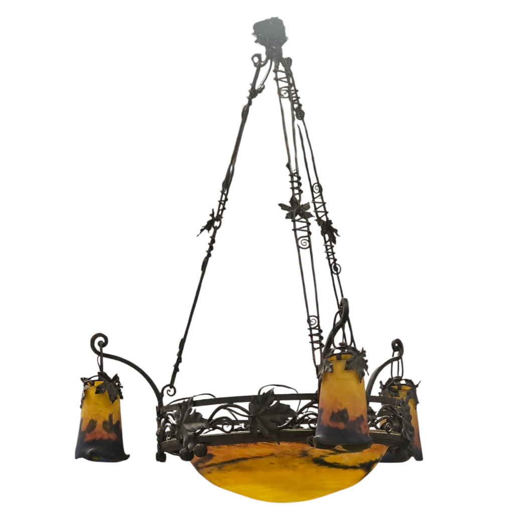 MULLER FRERES SUSPENSION VASQUE ET 3 TULIPES EN VERRE MULTICOUCHE 