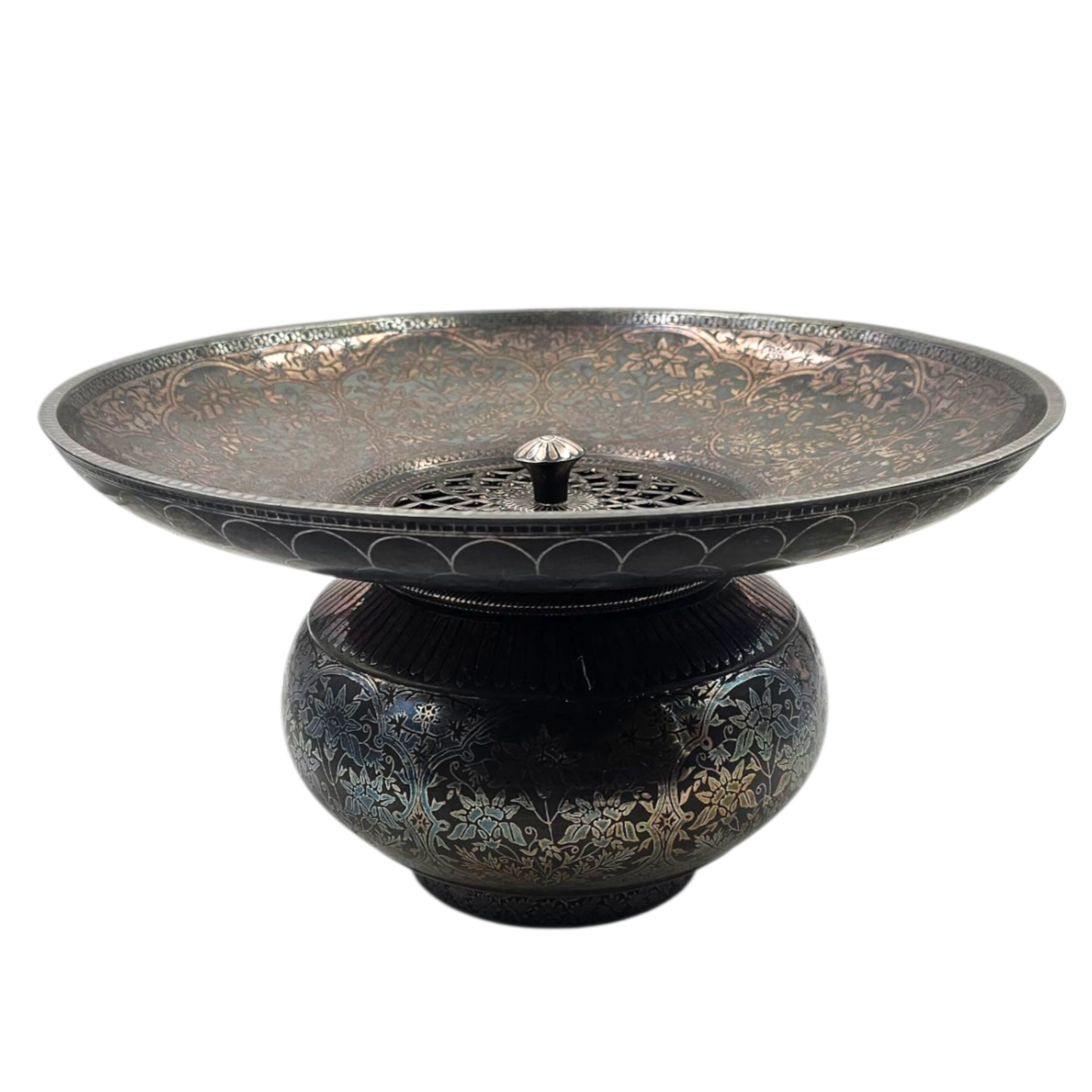 BRULE PARFUM EN BIDRI ALLIAGE ETAIN PLOMB ET ZINC DIAM 33 CM H18 CM + BOITE