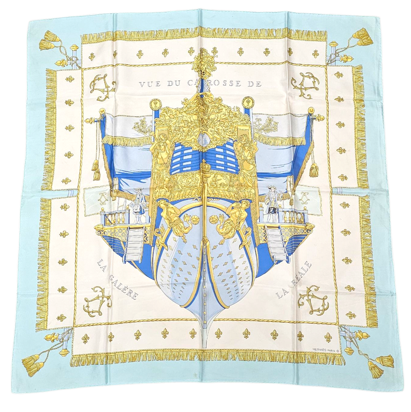 HERMES CARRE LA REALE DE HUGO GRYGKAR CONTOUR BLEU CIEL (TACHES)