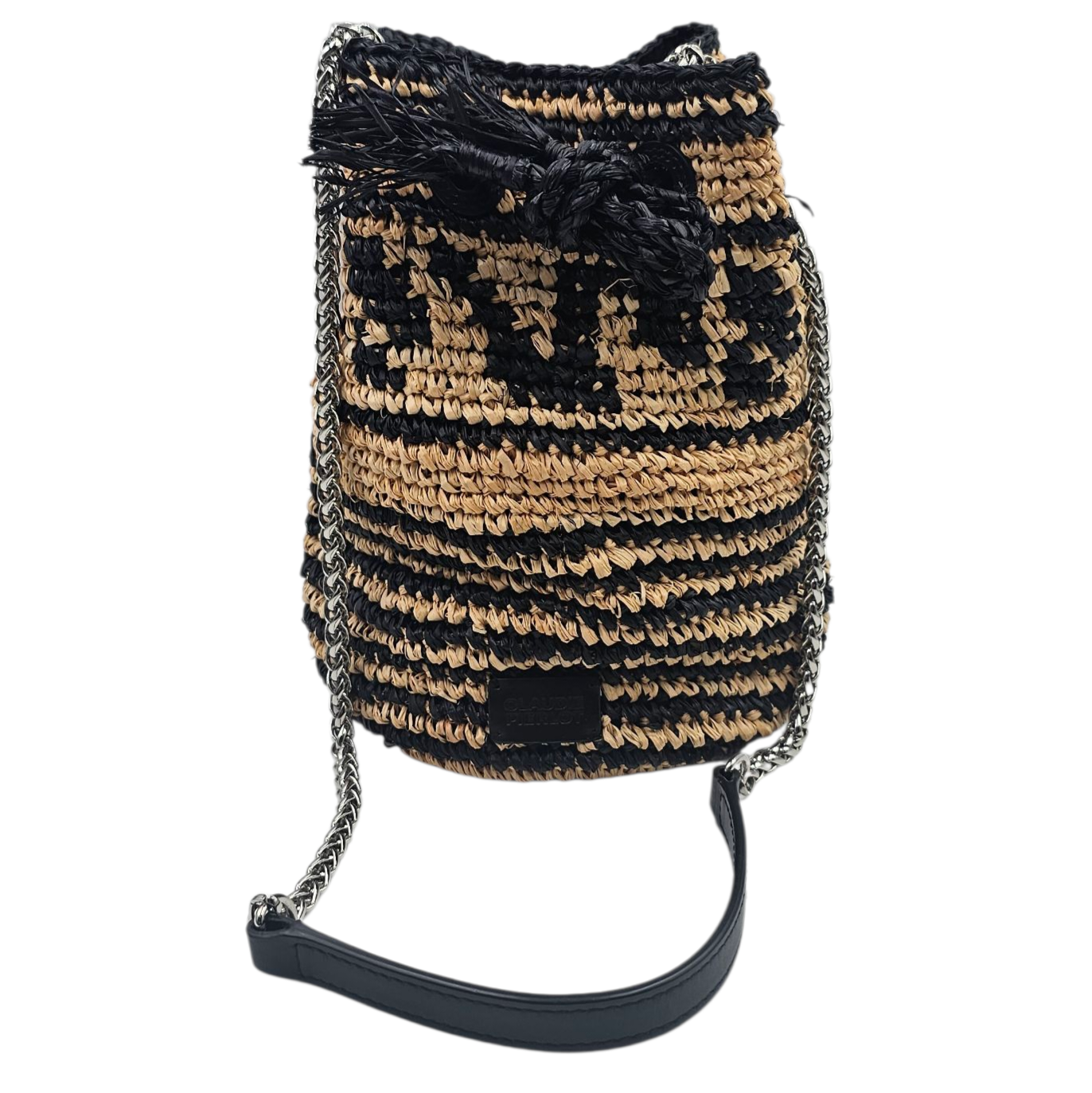 CLAUDIE PIERLOT SAC A MAIN SEAU EN RAPHIA NOIR ET ECRU CHAINE ARGENTEE