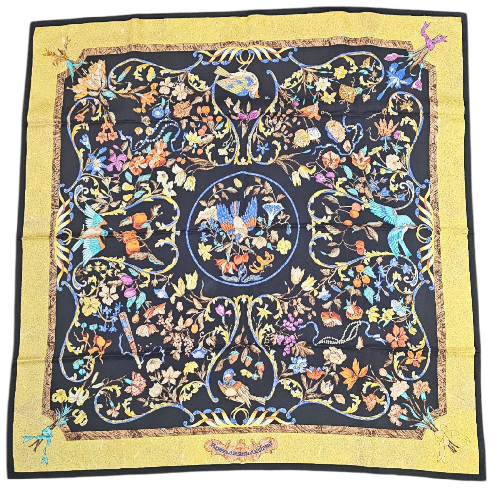 HERMES CARRE PIERRES D ORIENT ET D OCCIDENT DE ZOE PAUWELS FOND NOIR + BOITE