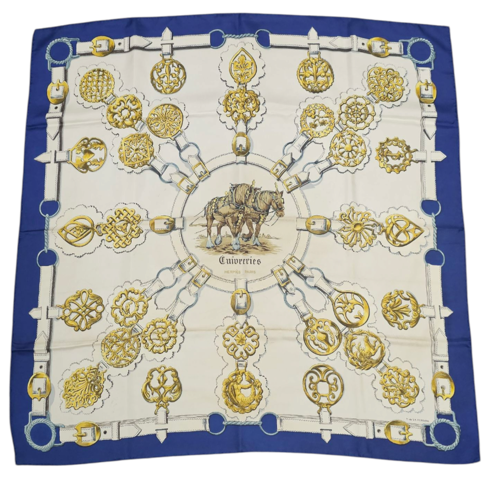 HERMES CARRE CUIVRERIES DE FRANCOISE DE LA PERRIERE CONTOUR BLEU (TACHES)