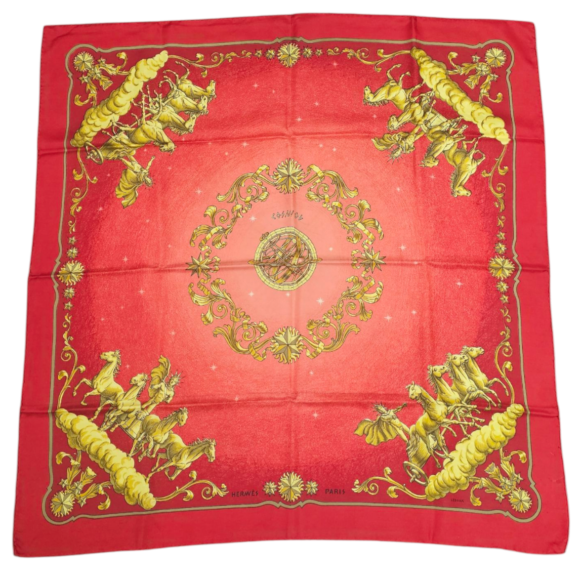 HERMES CARRE COSMOS DE PHILIPPE LEDOUX FOND ROUGE (TACHES) + BOITE
