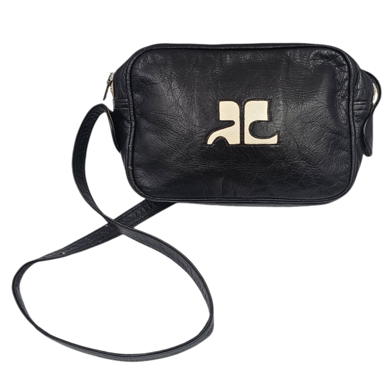 COURREGES SAC EN CUIR NOIR DOUBLURE TISSU (UN ACCROC) VINTAGE CIRCA 1970 ?