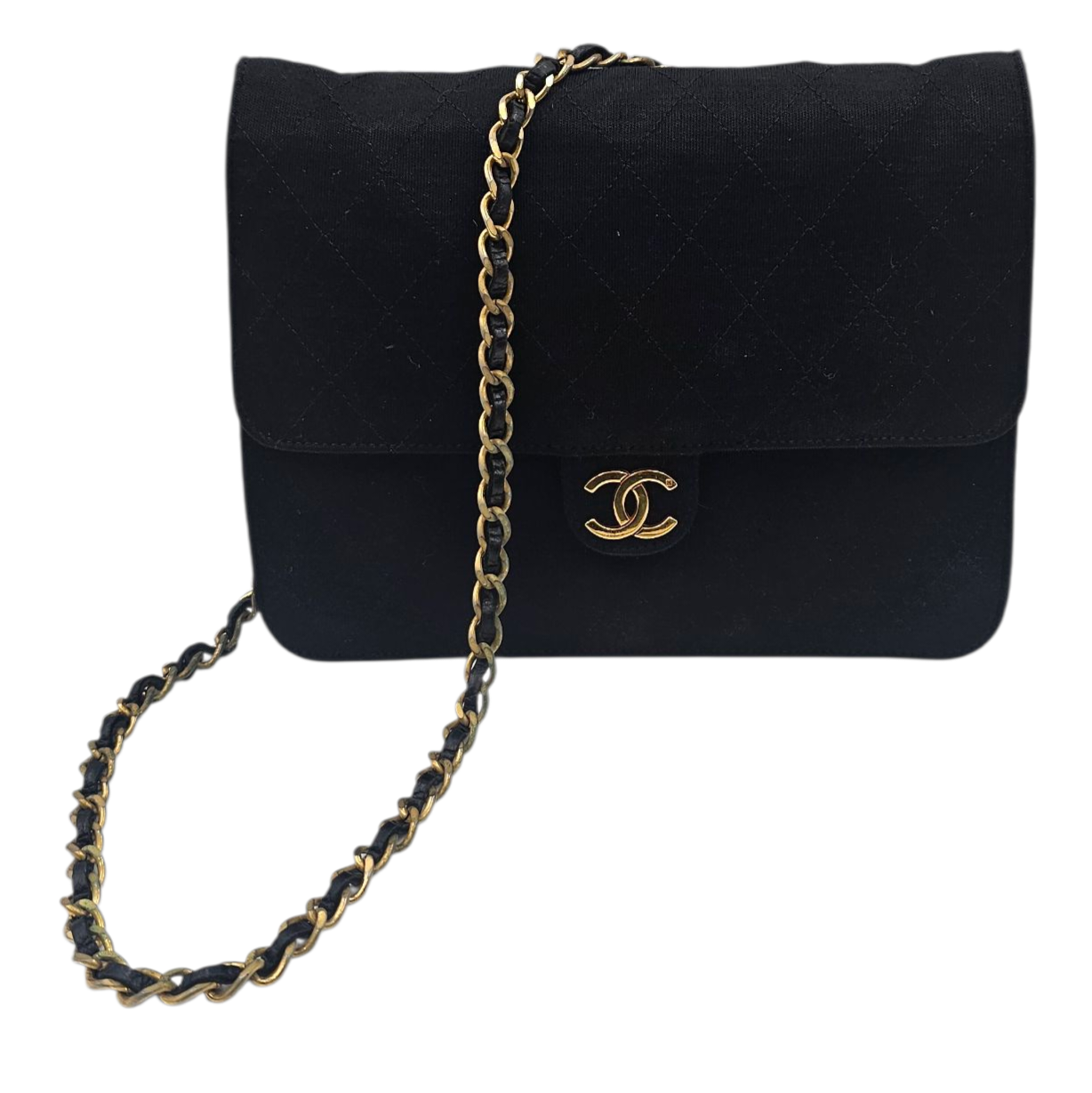 CHANEL SAC TIMELESS (SINGLE FLAP) JERSEY NOIR BIJOUTERIE PLAQUE OR 24 C VINTAGE