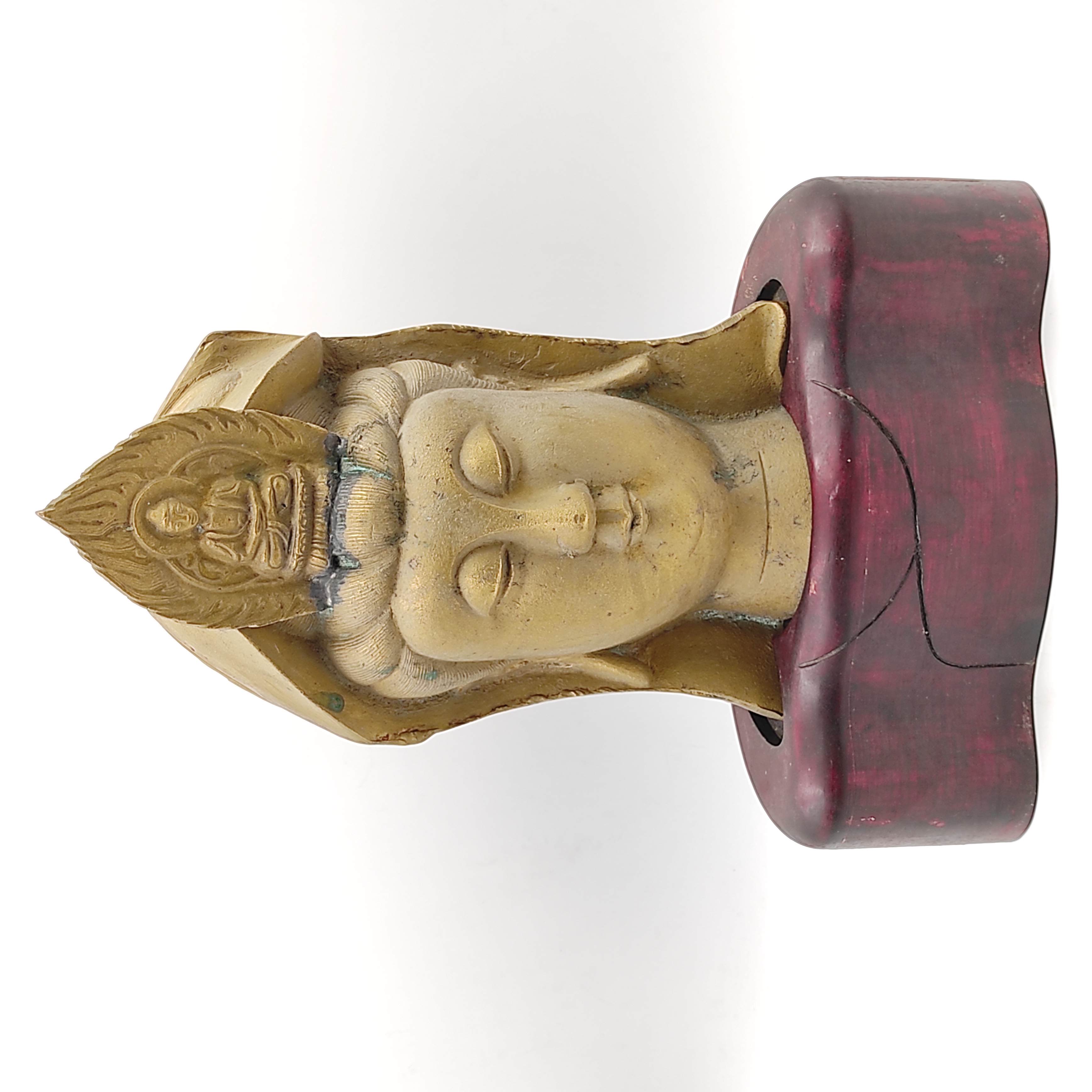 TETE DE GUANYIN EN BRONZE SUR SOCLE EN BOIS TRILOBE 33 x 23 x 14 CM