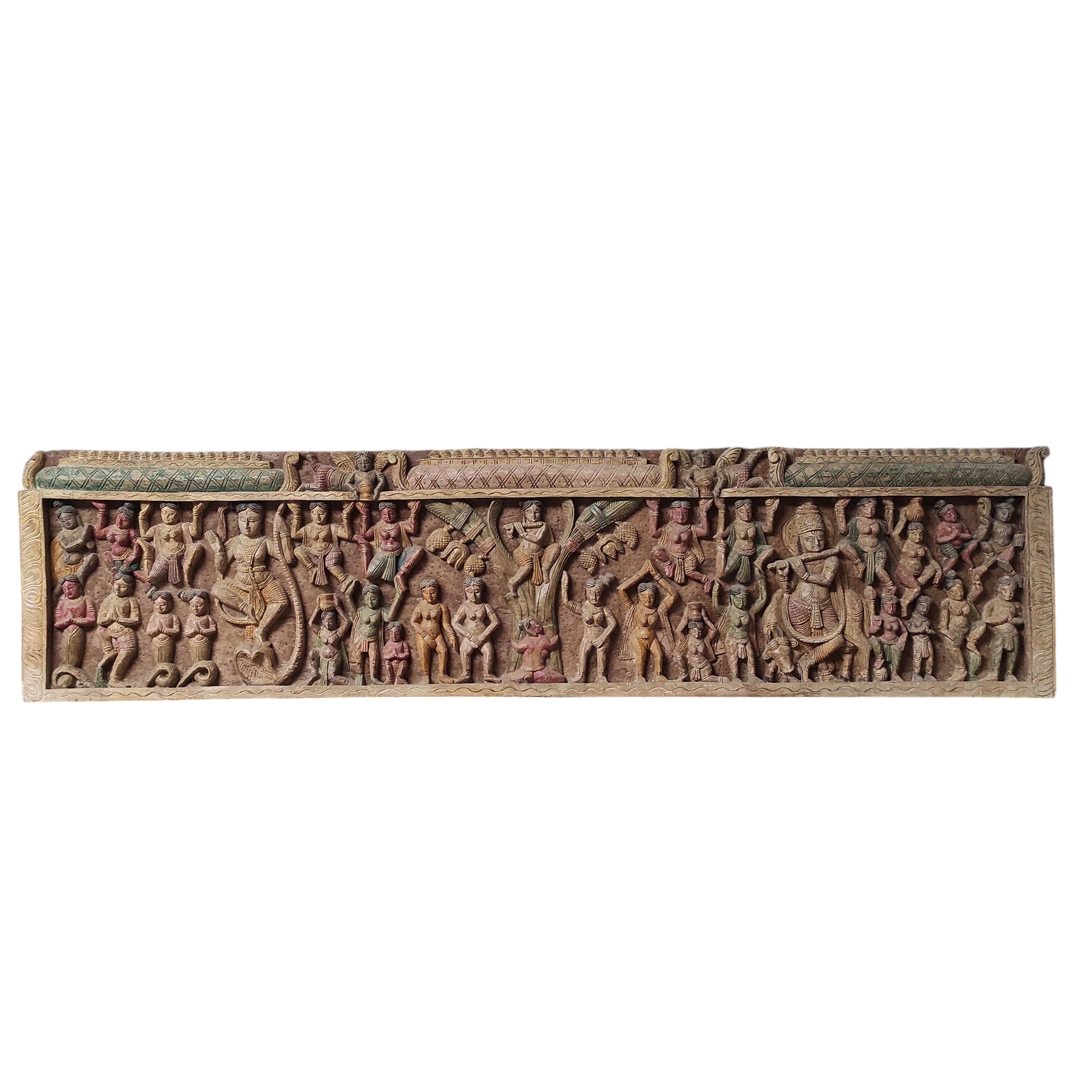 PANNEAU MURAL EN BOIS POLYCHROME SCENE CELEBRATION INDIENNE 45/80 CM