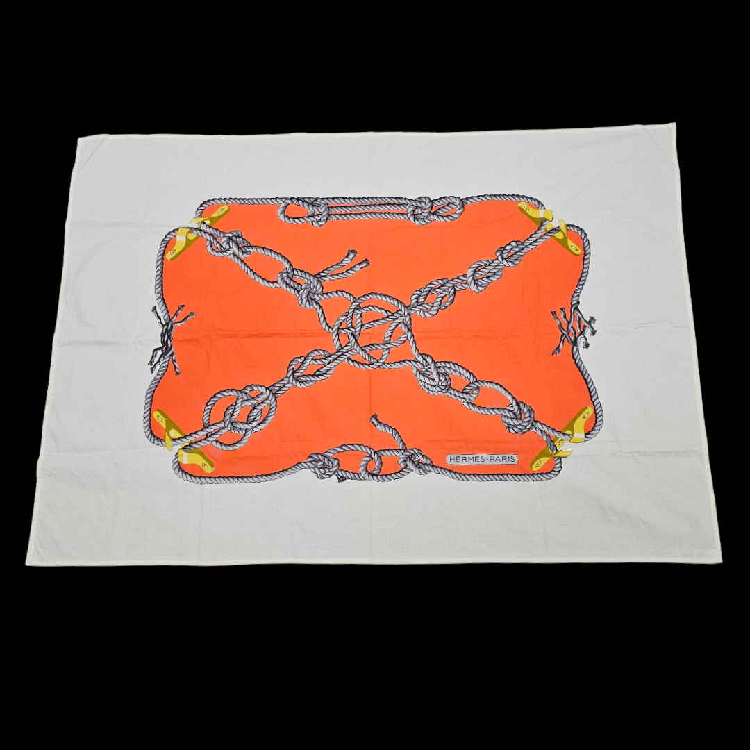 HERMES NAPPE NOEUDS MARINS SUR FOND ORANGE 138 x 95 CM 100% COTON