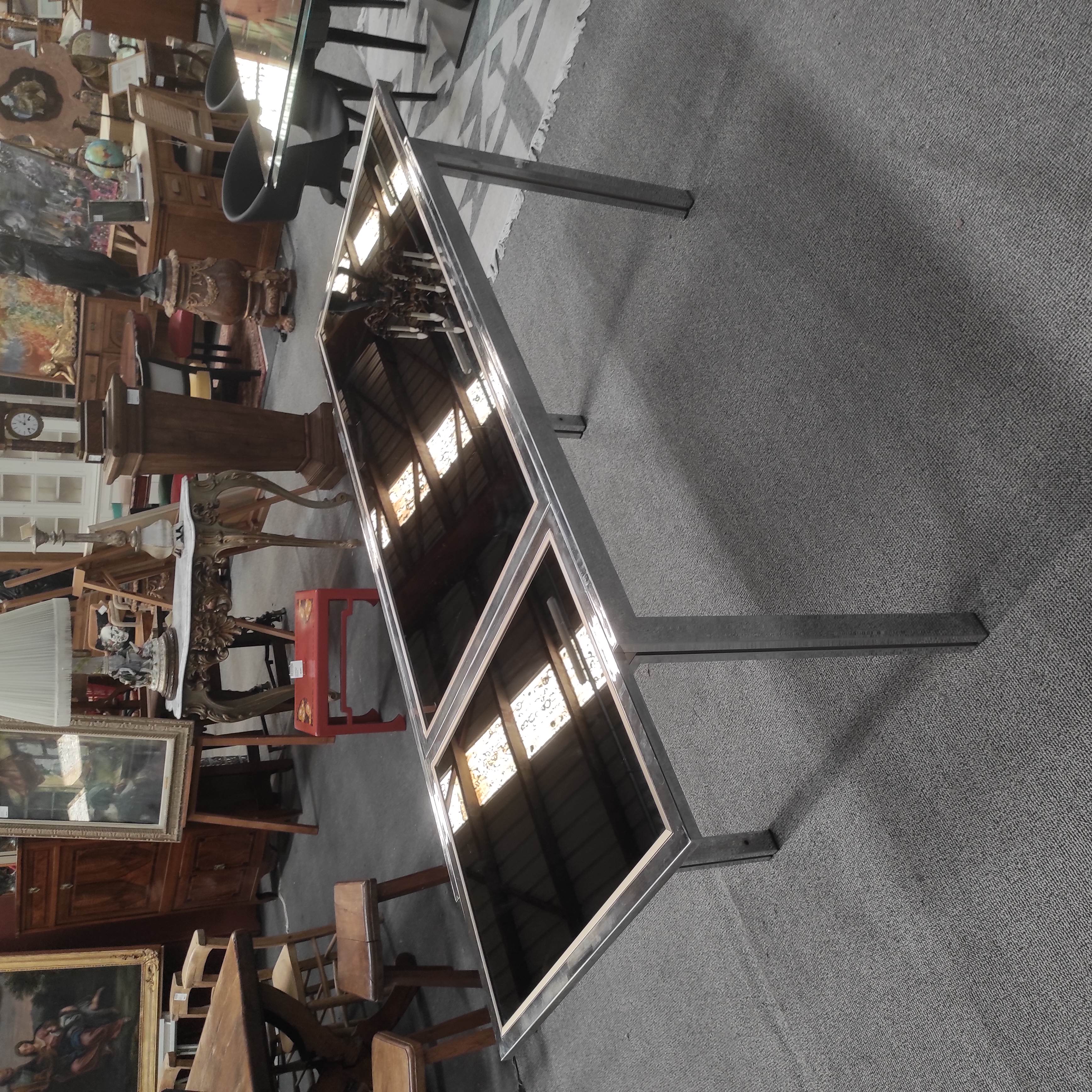 MAISON JANSEN GUY LEFEVRE TABLE CHROMEE PLATEAU MIROIR 140/200/74/79.5 CM 