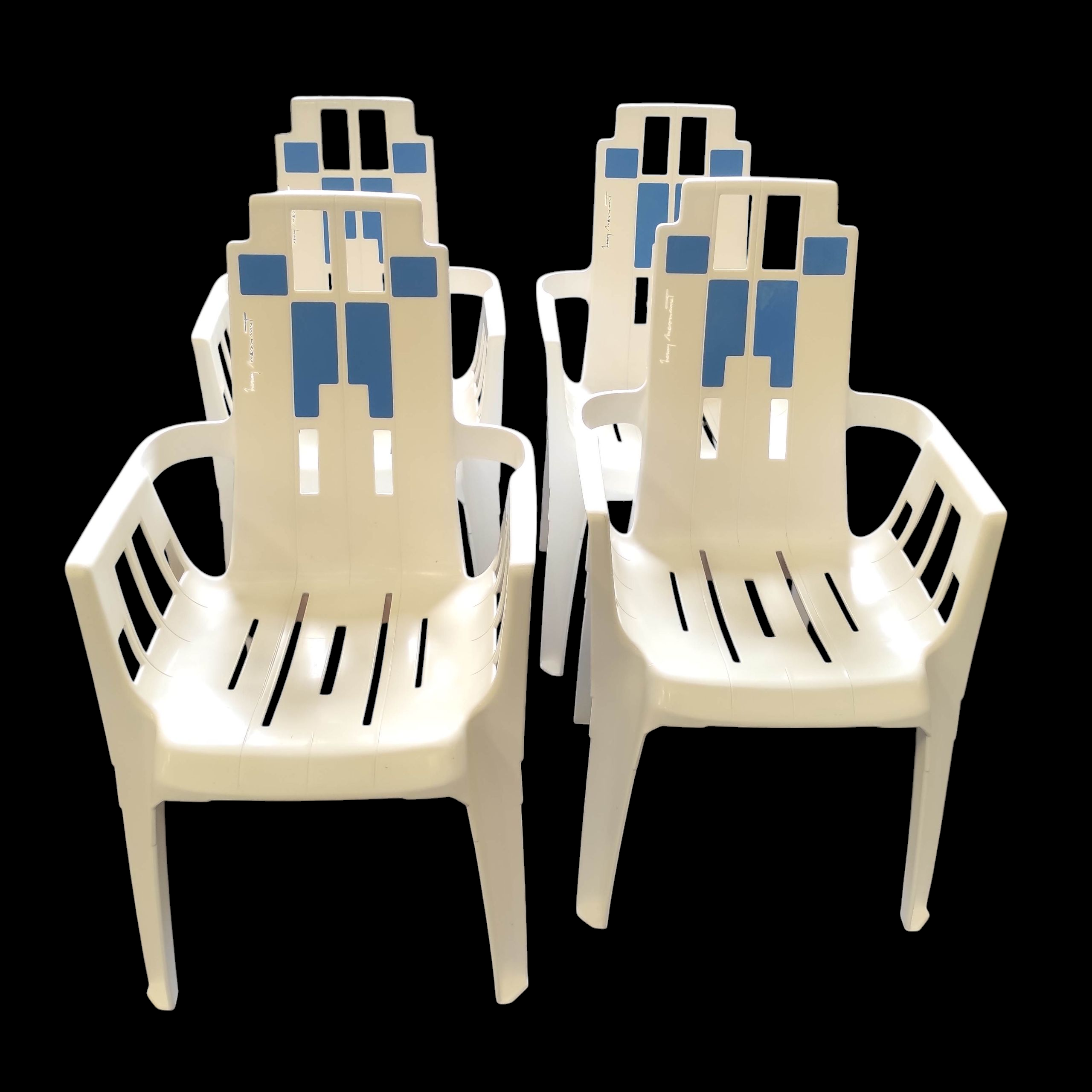 HENRY MASSONNET 4 CHAISES DE JARDIN BLEUES ET BLANCHES