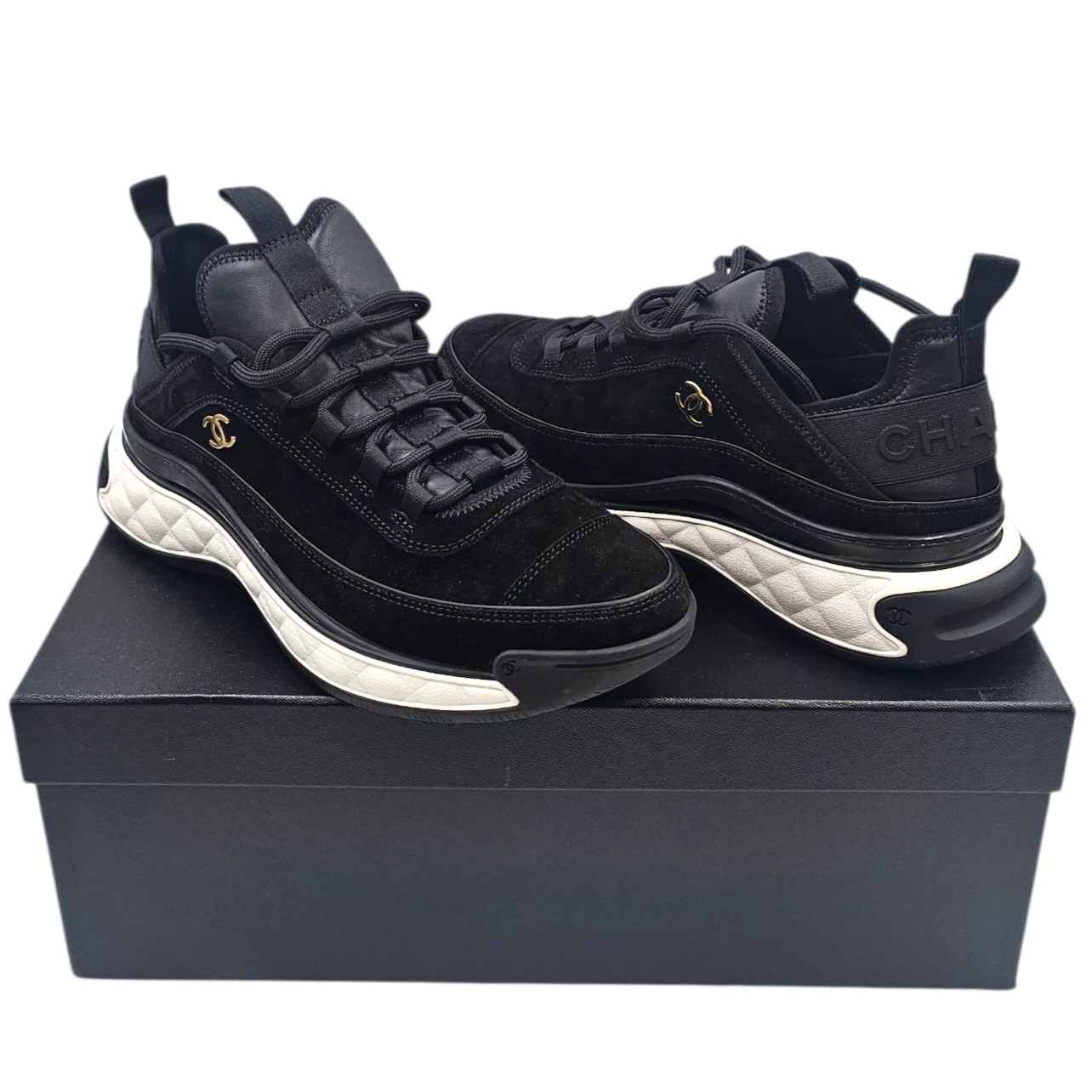 CHANEL SNEAKERS LOW TOP TRAINER SUED ET CUIR NOIR T.42 (W045332) LACETS BOITE...