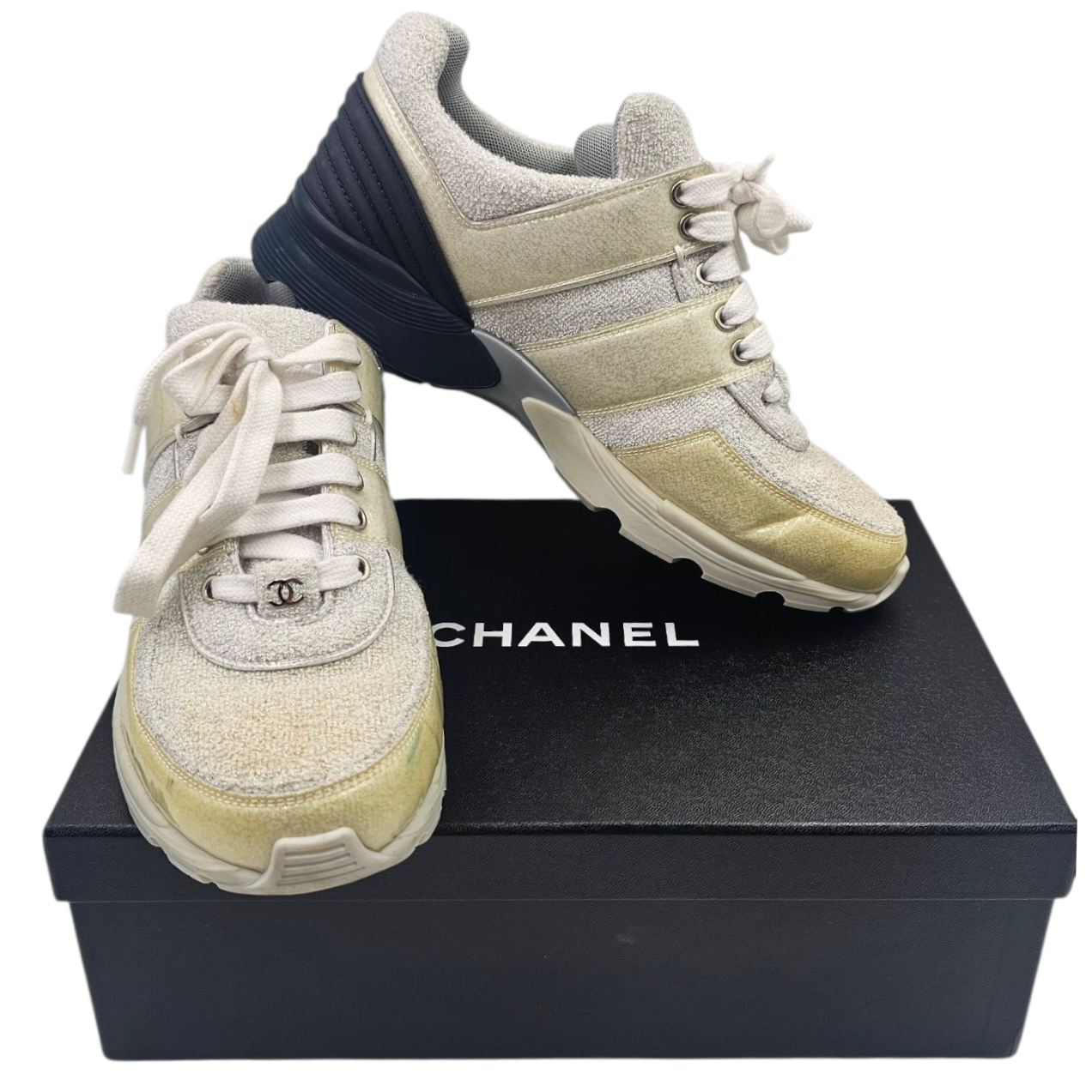 CHANEL SNEAKERS LOW TOP TWEED ARGENTE ET CAOUTCHOUC T. 39 1/2 (C1711) 
