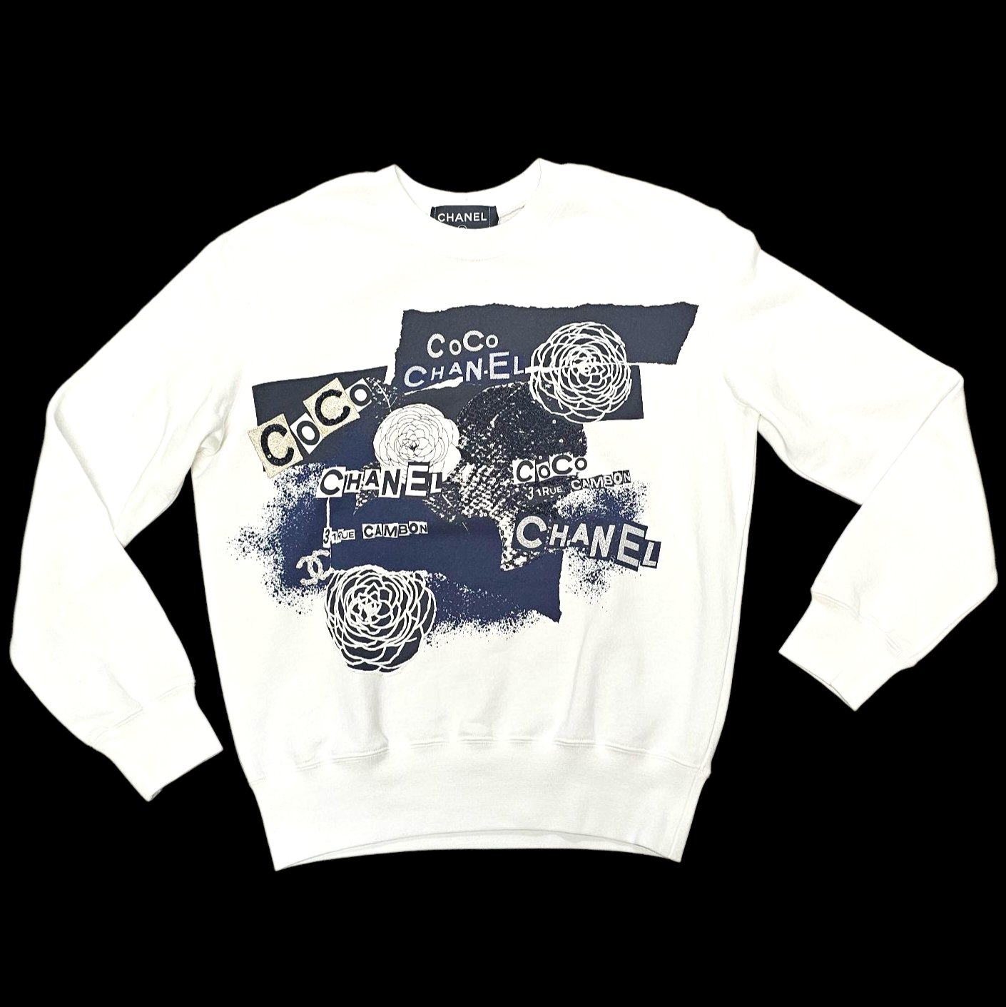CHANEL SWEAT PULL CAMELIA CC AVEC ORNEMENTS BRODES T. S 100% COTON ETAT NEUF