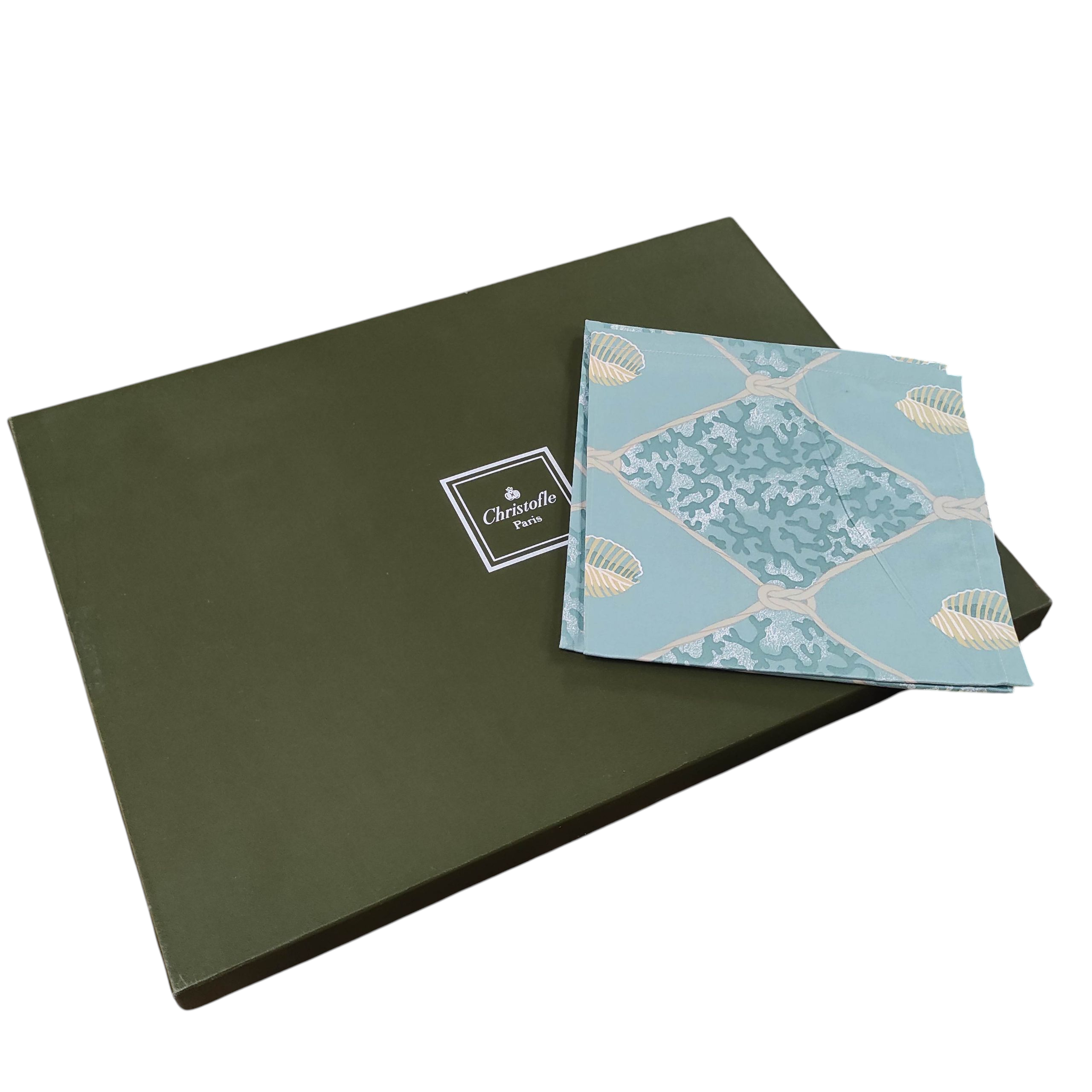 CHRISTOFLE NAPPE A DECOR CORAIL VERT ET COQUILLAGES 180 x 180 + 16 SERVIETTES 