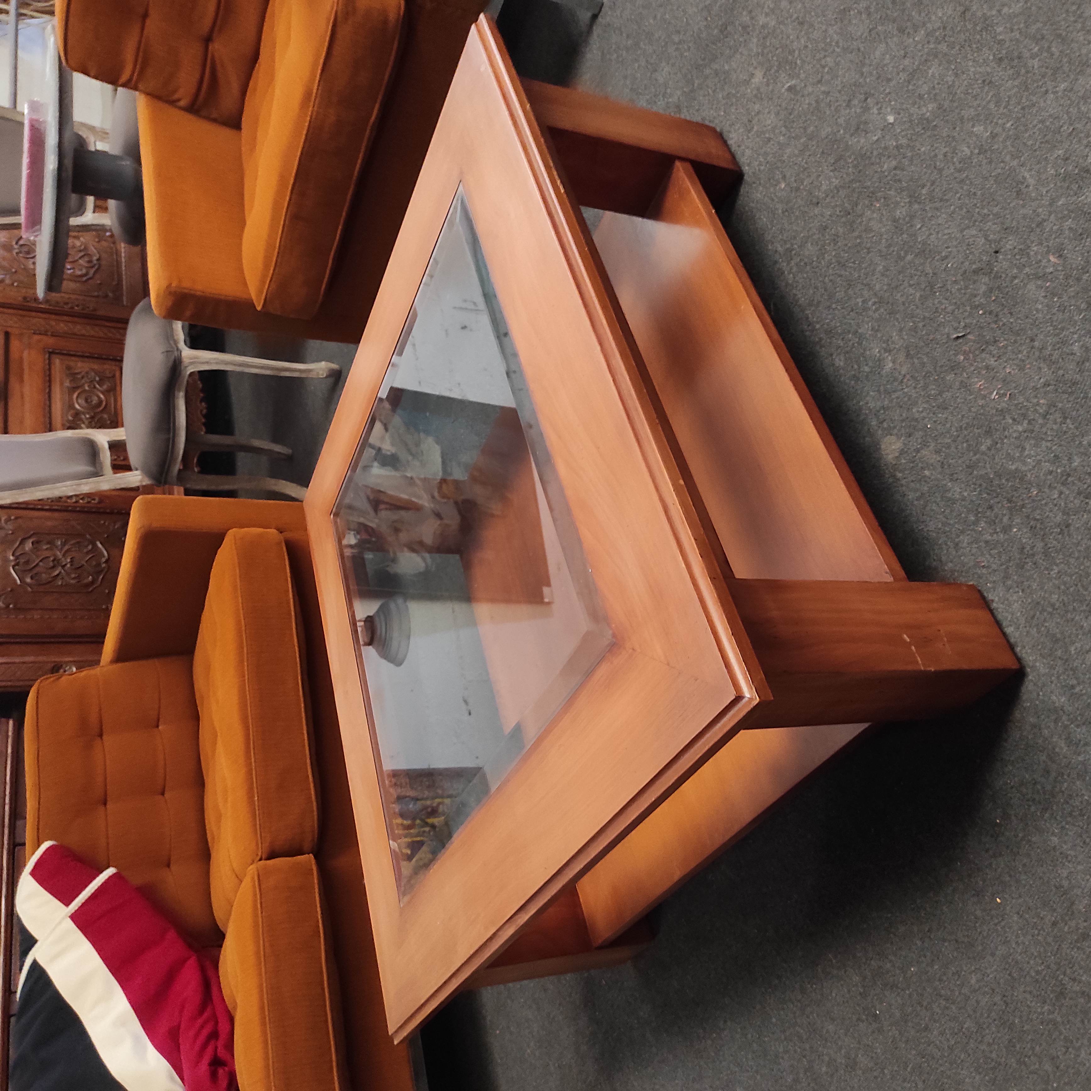 TABLE BASSE BOIS ET PLATEAU VERRE BISEAUTE 90 X 90 x 35 CM