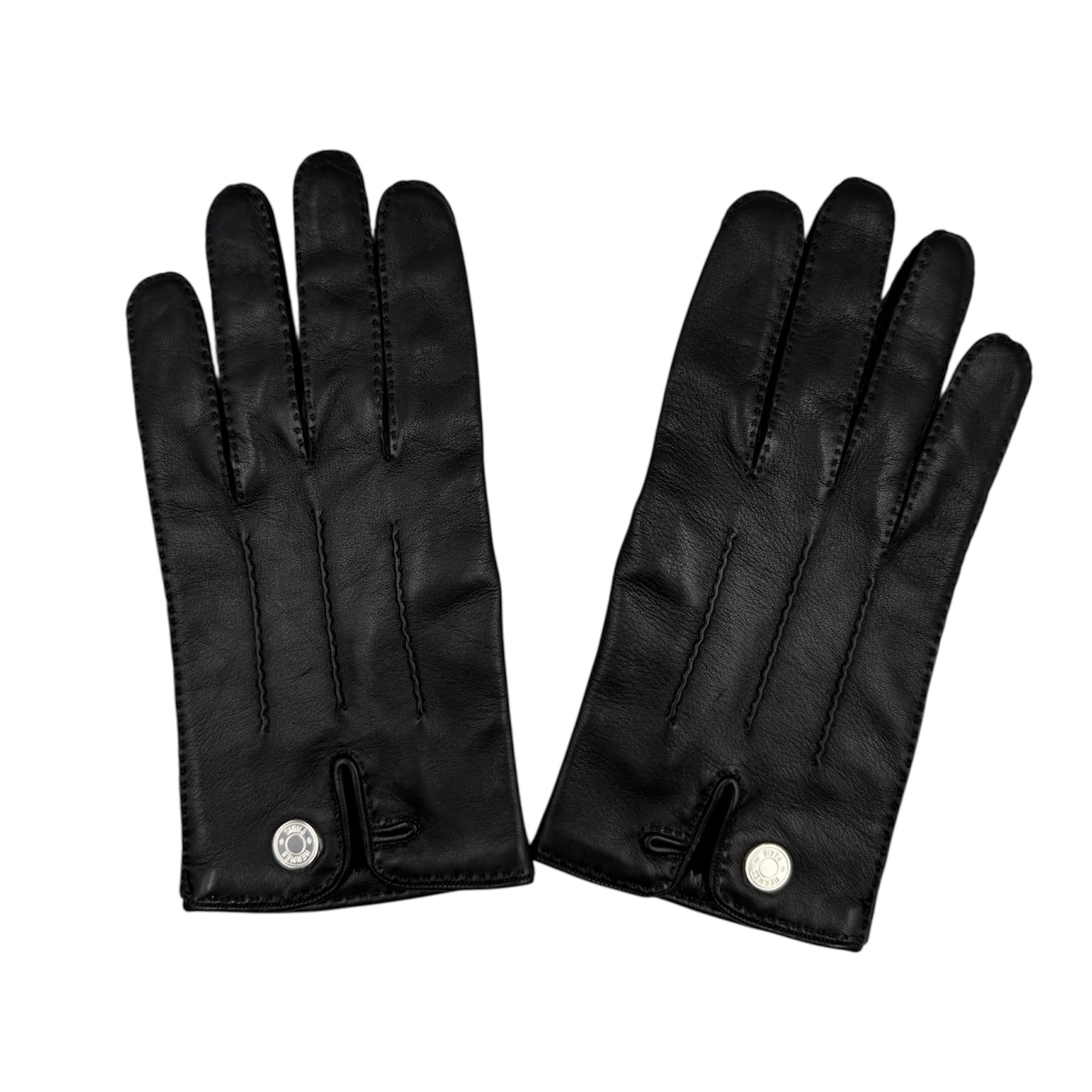 HERMES CLOU SELLIER GANTS EN CUIR D AGNEAU NOIR DOUBLURE 100% SOIE T. 8