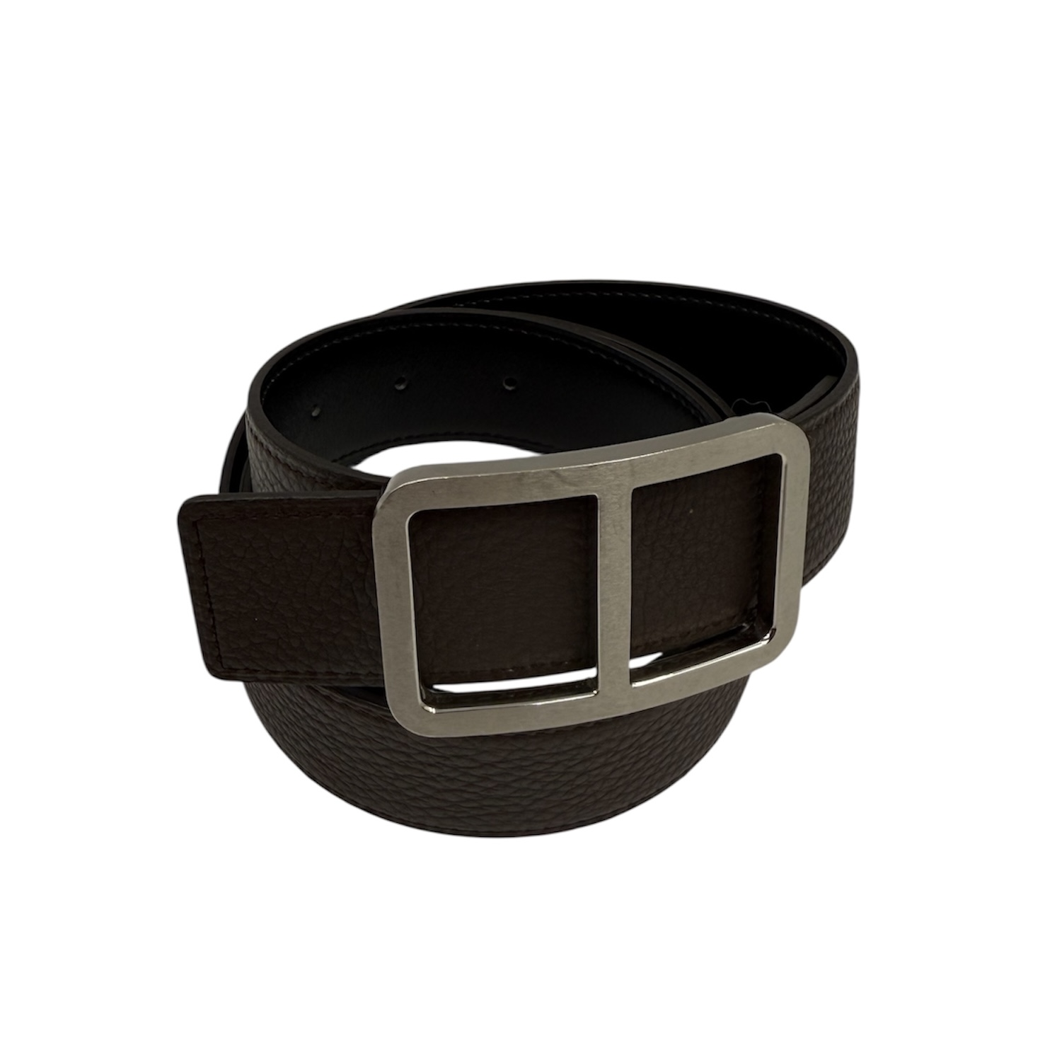 HERMES CEINTURE CUIR REVERSIBLE NOIR / MARRON BOUCLE METAL PALLADIE BROSSE T.90