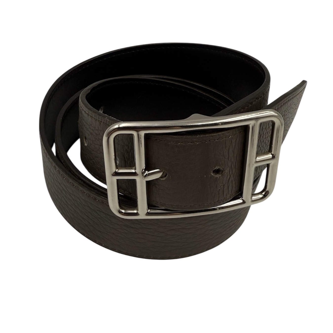 HERMES CEINTURE CAP CODE REVERSIBLE NOIR / ETOUPE BOUCLE PALLADIUM T. 90