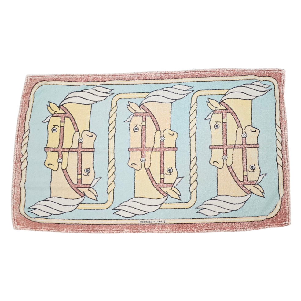 HERMES DRAP DE BAIN QUADRIGE DE PIERRE PERON FOND BLEU CIEL - VINTAGE