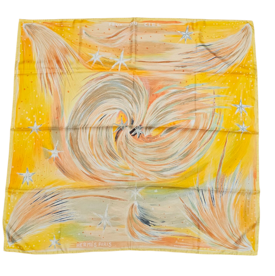 HERMES CARRE FEUX DU CIEL DE IBRAHIM ALAMIA KWUNI SEFEDIN FOND JAUNE + BOITE