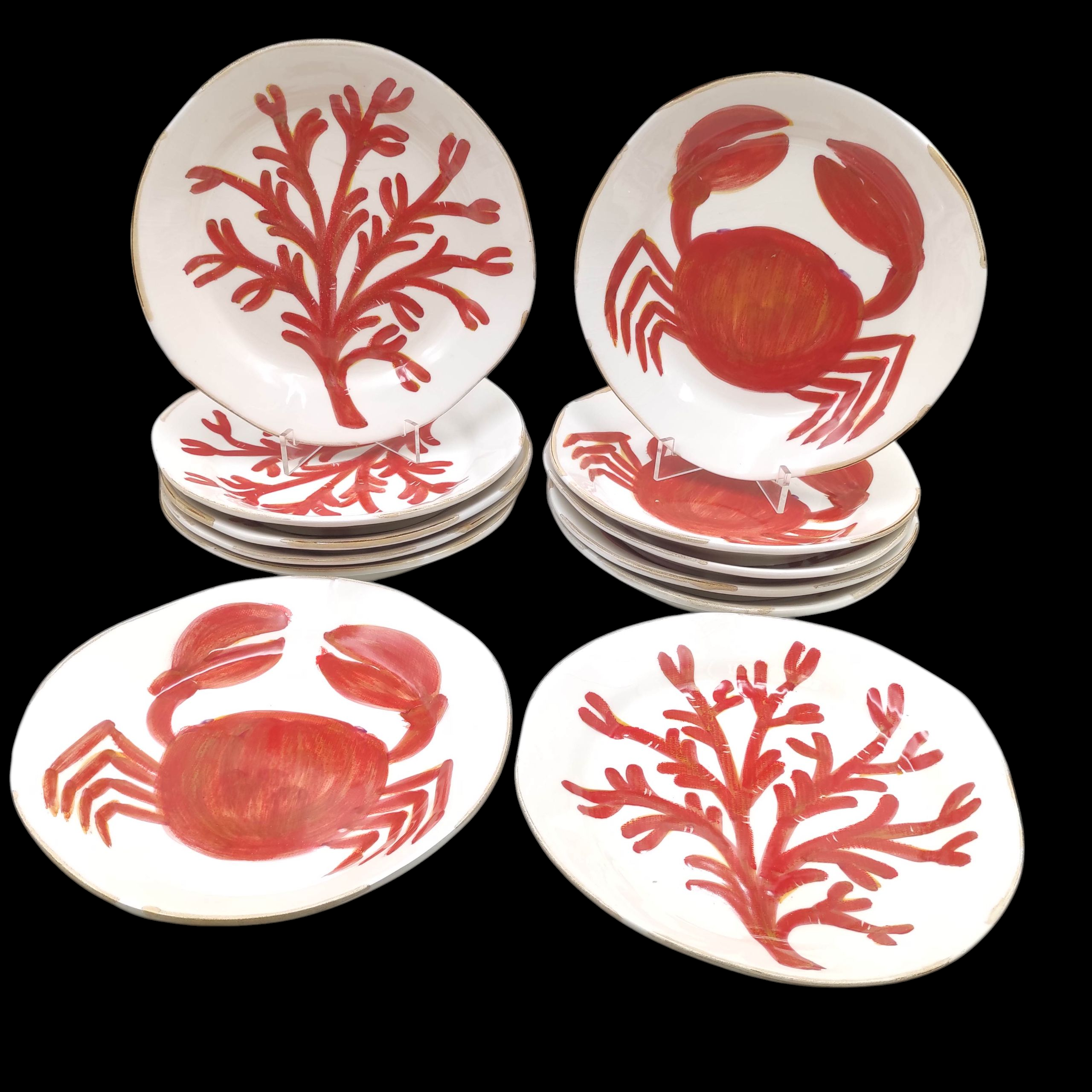 FLAMAND 12 ASSIETTES 28 CM DECOR CORAIL ET CRABE