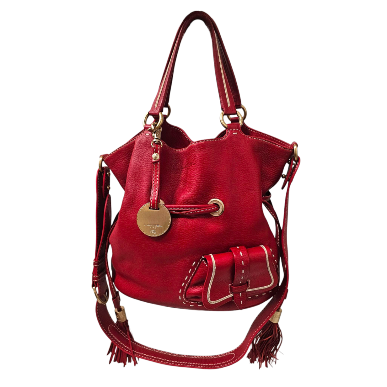 LANCEL SAC PREMIER FLIRT EN CUIR ROUGE AVEC BANDOULIERE REGLABLE AMOVIBLE 