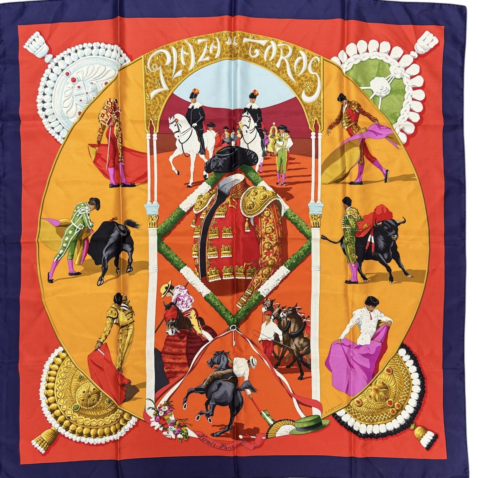 HERMES CARRE PLAZA DE TOROS DE HUBERT DE WATRIGANT CONTOUR BLEU