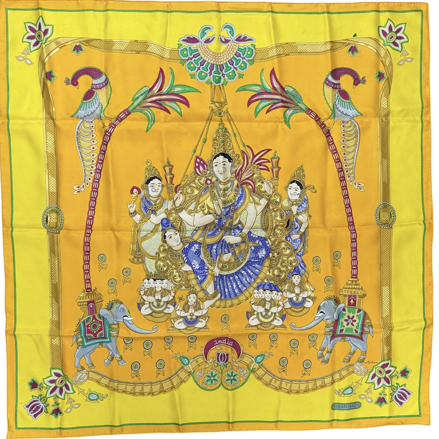 HERMES CARRE INDIA DE CATY LATHAM FOND JAUNE 1ERE ED. 1986 (TACHES)